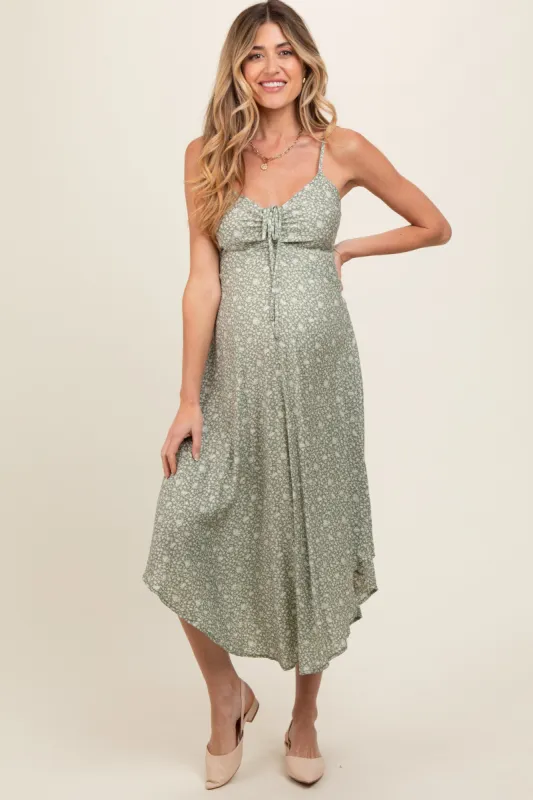 Light Olive Cinched Tie Front Maternity Midi Dress sold by Pinkblush