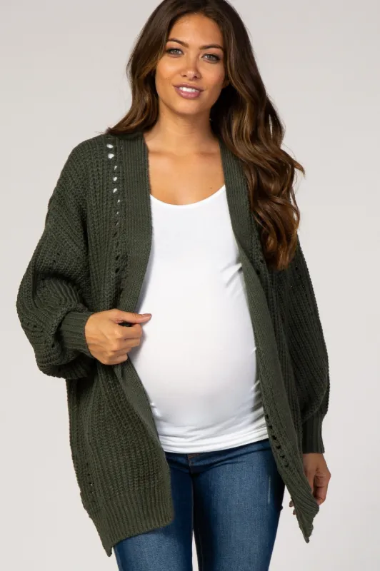Olive Knit Open Front Bubble Sleeve Maternity Sweater sold by Pinkblush