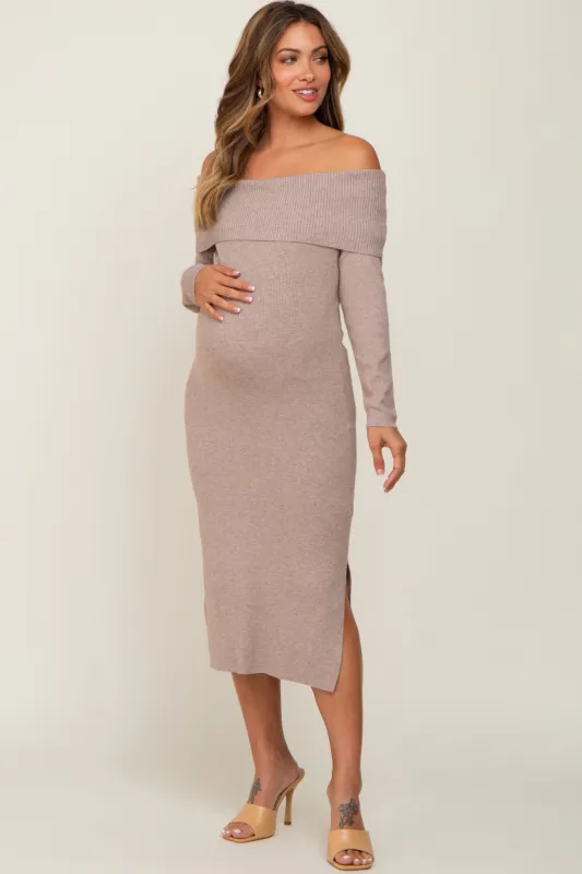Mocha Off Shoulder Maternity Sweater Dress sold by Pinkblush