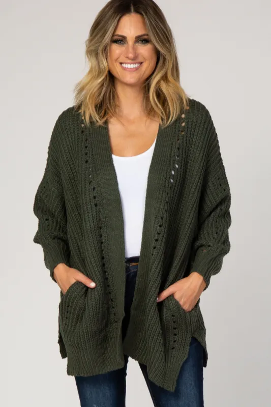 Olive Knit Open Front Bubble Sleeve Sweater sold by Pinkblush