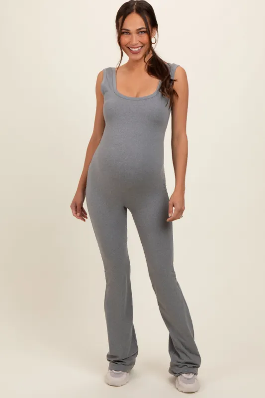 Heather Grey Open Back Ruched Sleeveless Maternity Jumpsuit sold by Pinkblush