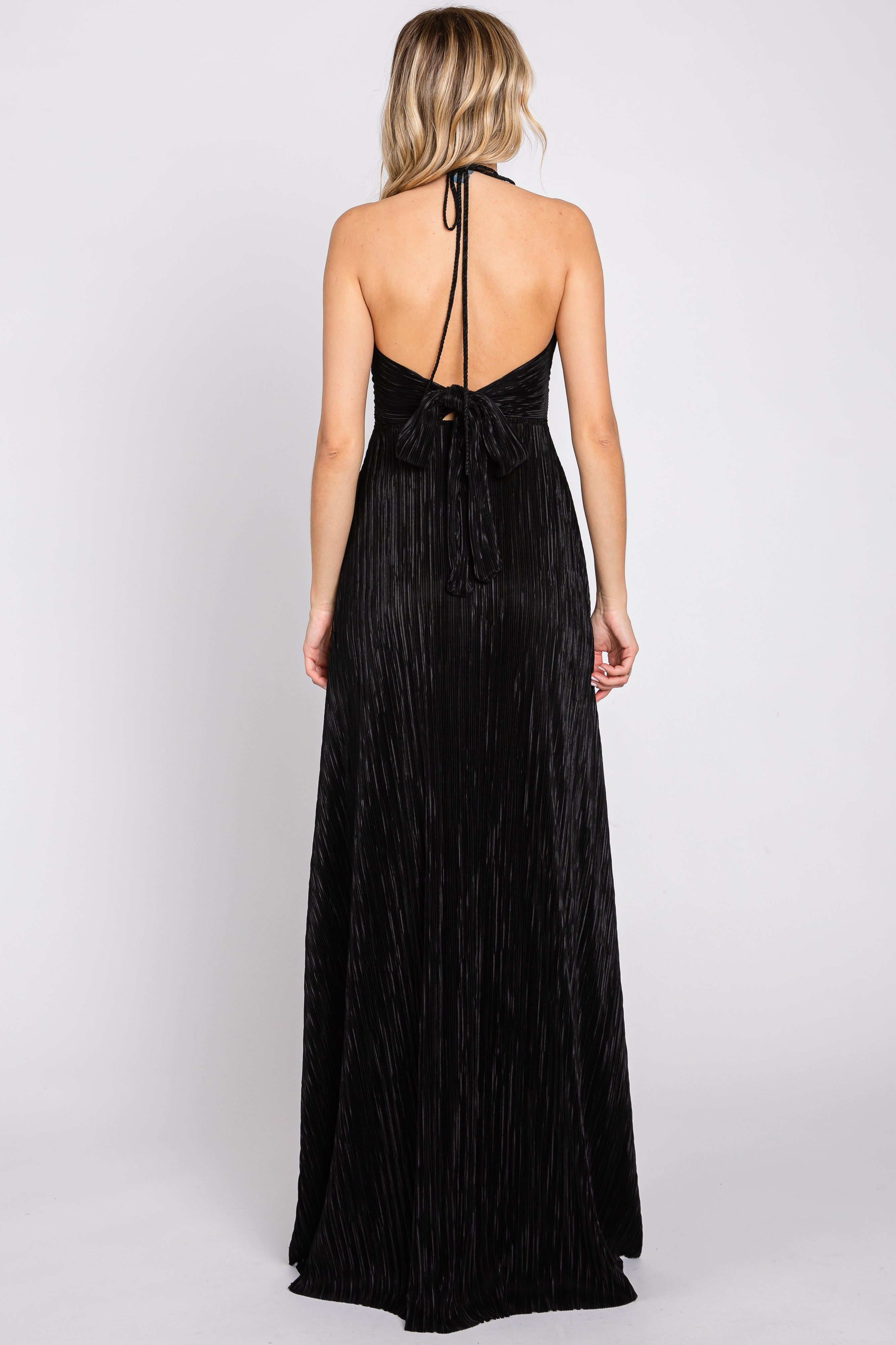Black Plisse Halter Back Tie Maxi Dress sold by Pinkblush product image thumbnail 3