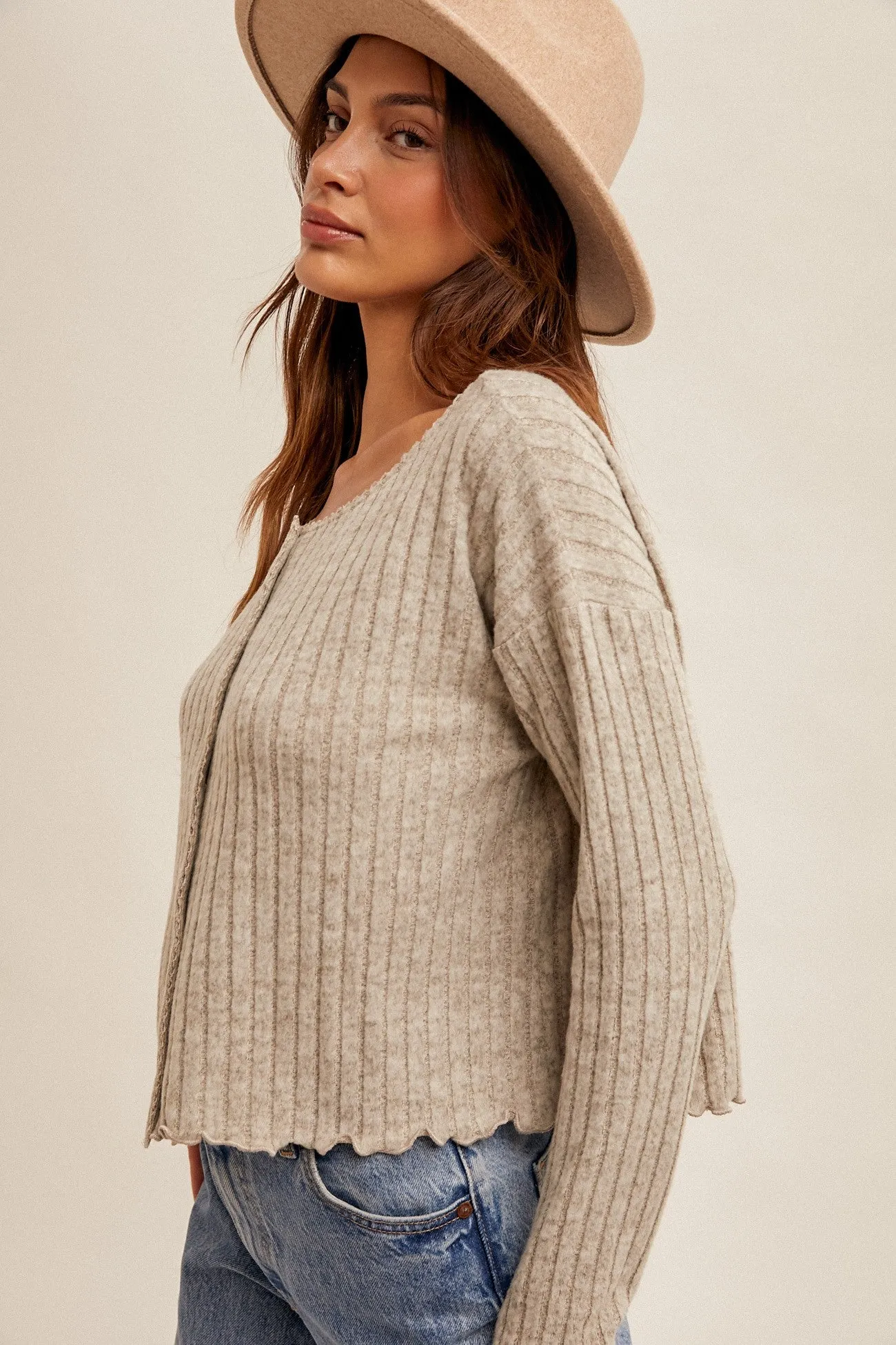 Heather Grey Brushed Rib Lace Trim Neckline Cabbage Hem Cardi sold by Pinkblush product image thumbnail 4