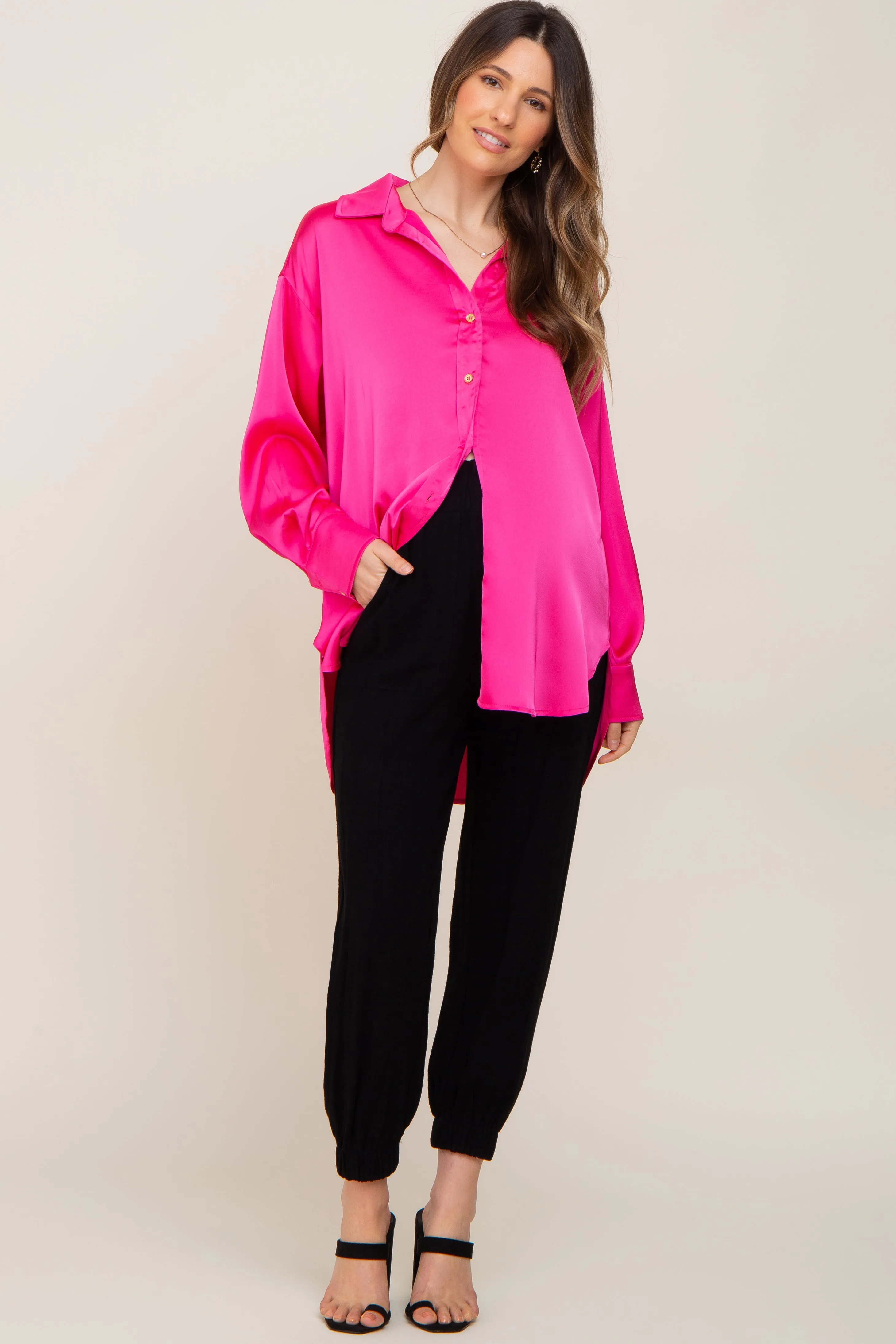 Fuchsia Satin Button Up Maternity Blouse sold by Pinkblush