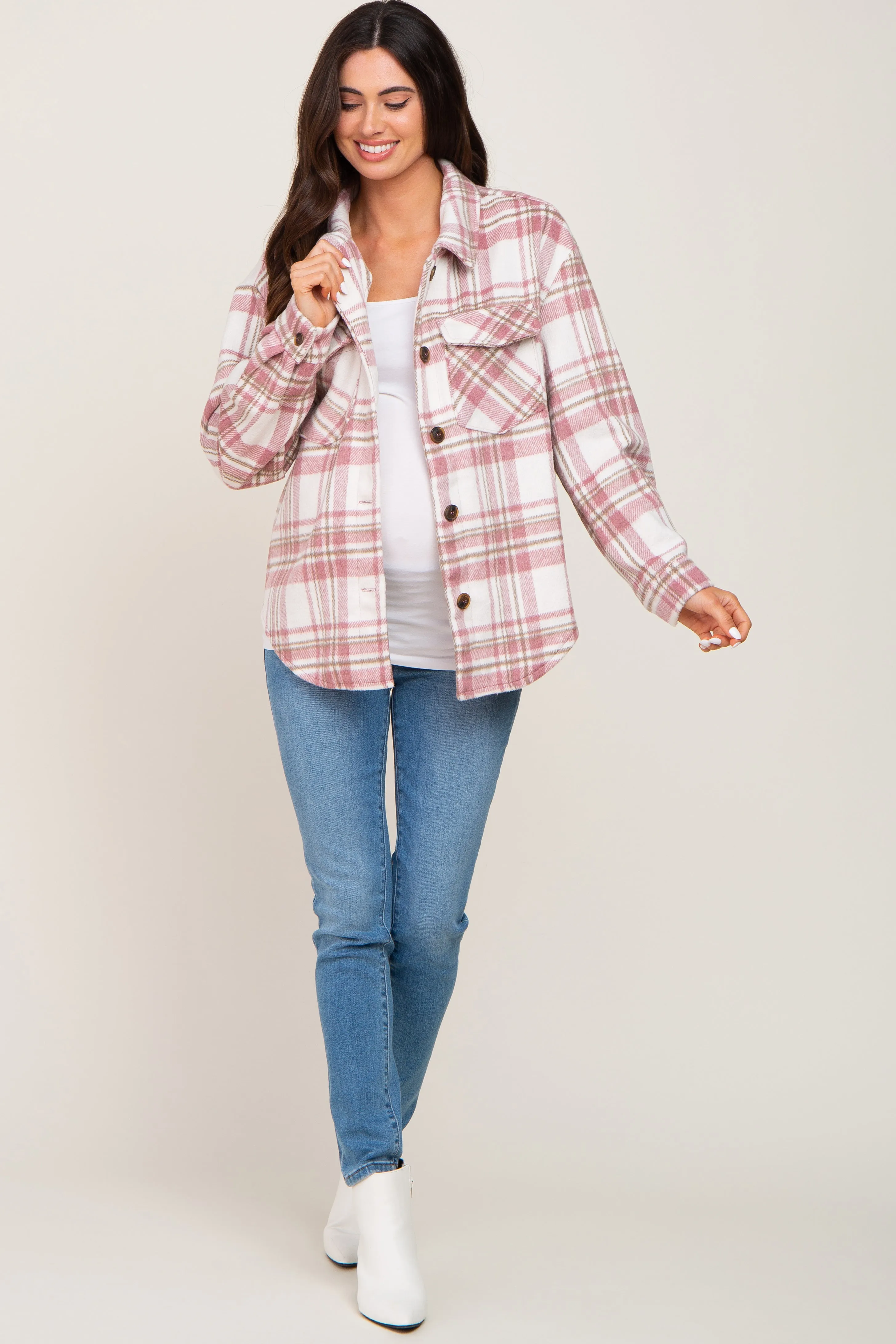 Mauve Plaid Front Pocket Maternity Shacket sold by Pinkblush product image thumbnail 4