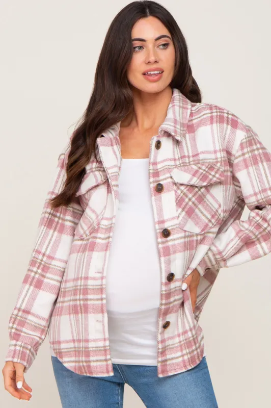 Mauve Plaid Front Pocket Maternity Shacket sold by Pinkblush