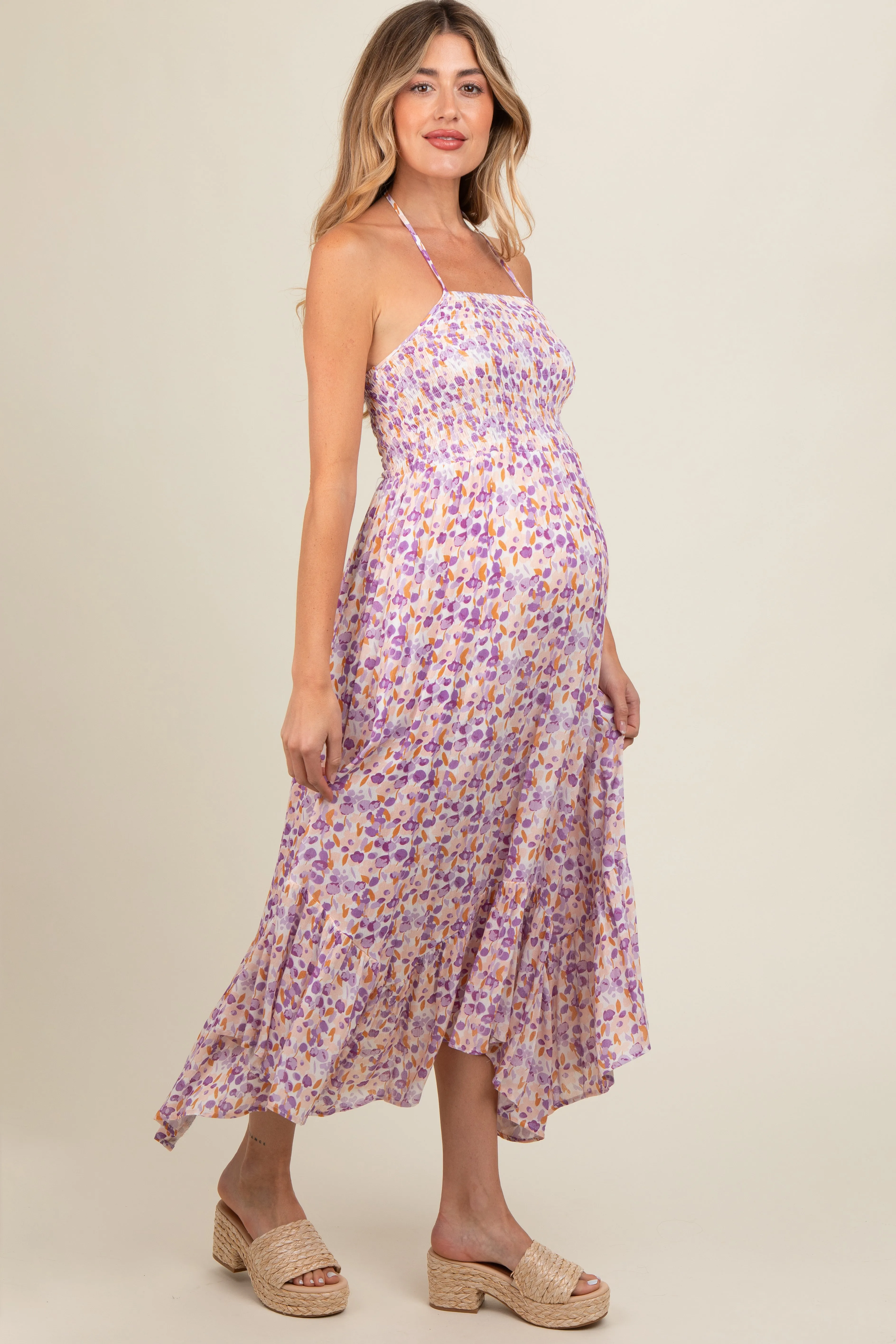 Lavender Floral Smocked Halter Flowy Maternity Maxi Dress sold by Pinkblush product image thumbnail 3