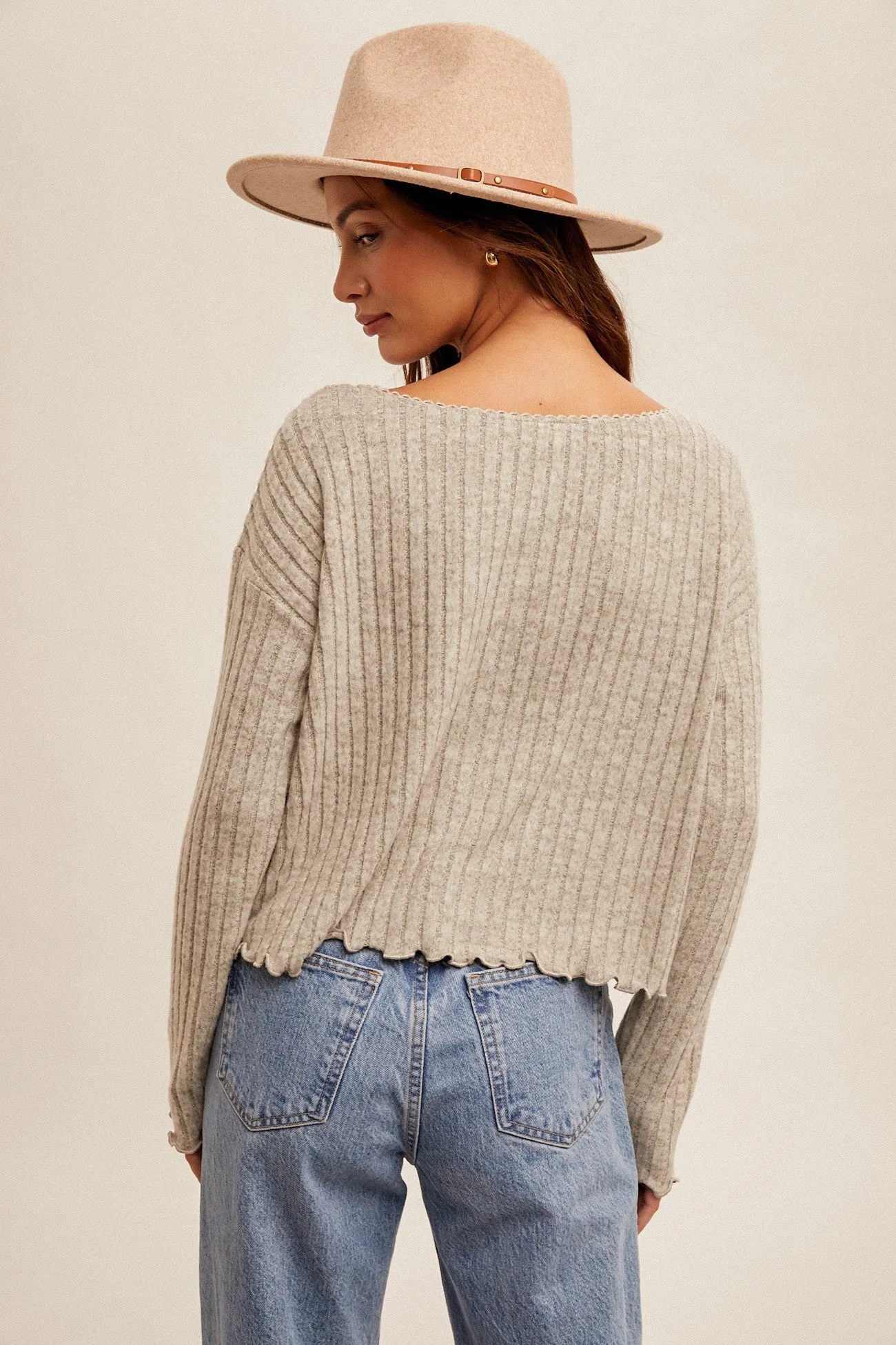 Heather Grey Brushed Rib Lace Trim Neckline Cabbage Hem Cardi sold by Pinkblush product image thumbnail 5
