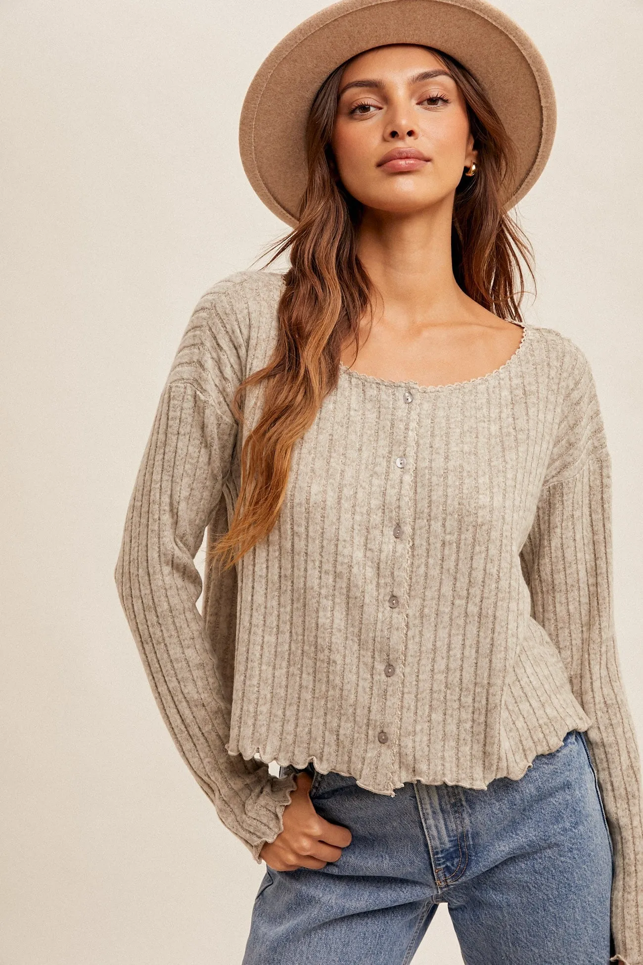 Heather Grey Brushed Rib Lace Trim Neckline Cabbage Hem Cardi sold by Pinkblush product image thumbnail 2