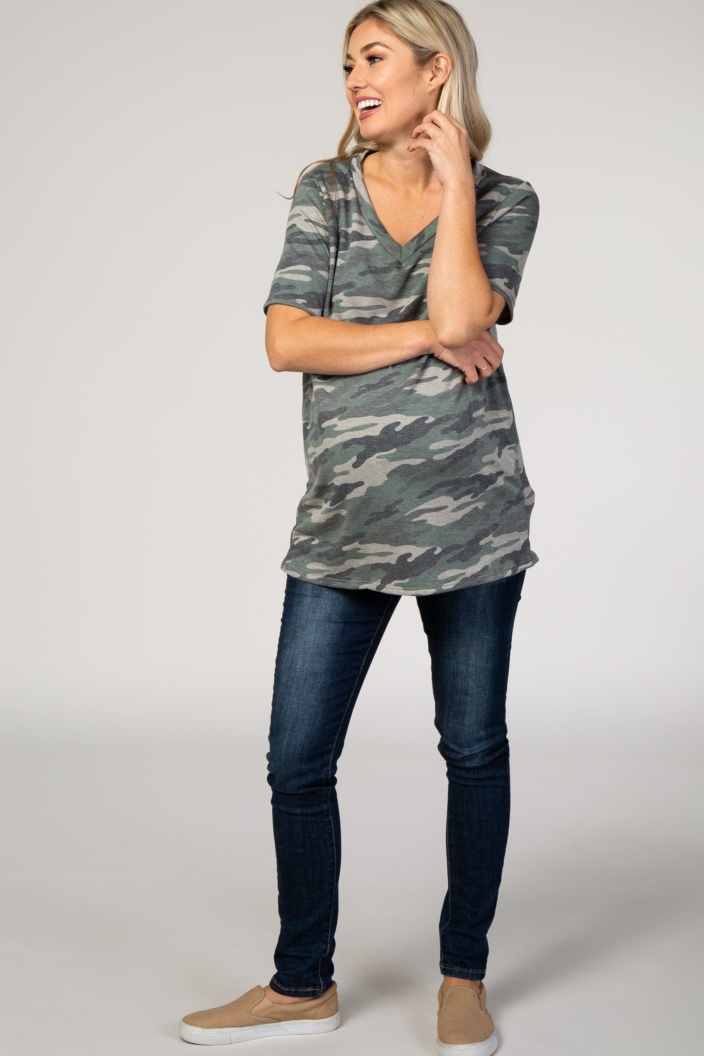 Olive Camo V-Neck Short Sleeve Maternity Top sold by Pinkblush product image thumbnail 4