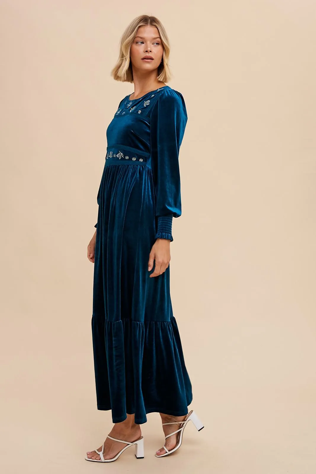 Emerald Teal Folklore Embroidered Velvet Dress sold by Pinkblush product image thumbnail 3