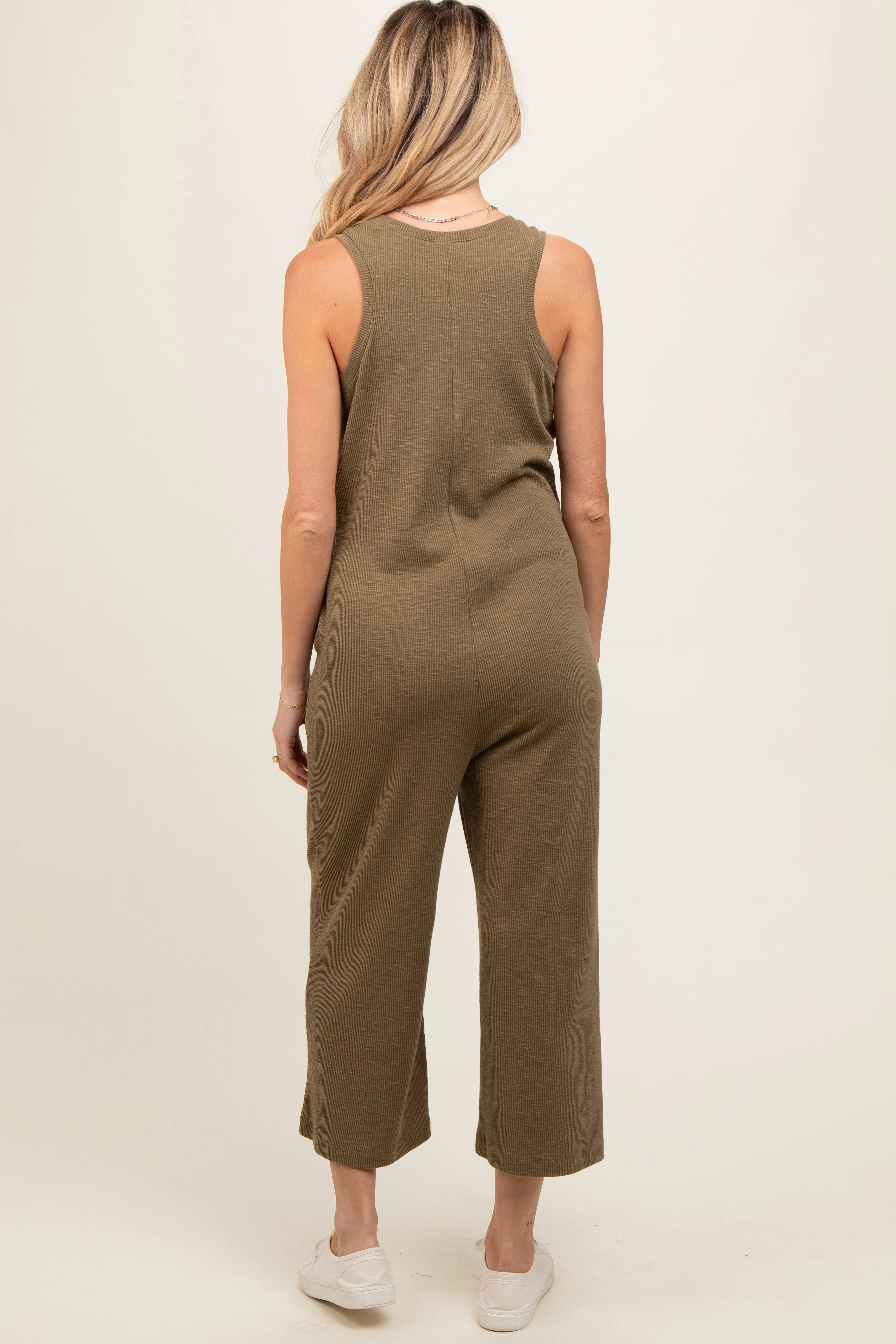 Olive Ribbed Button Front Sleeveless Maternity Jumpsuit sold by Pinkblush product image thumbnail 4