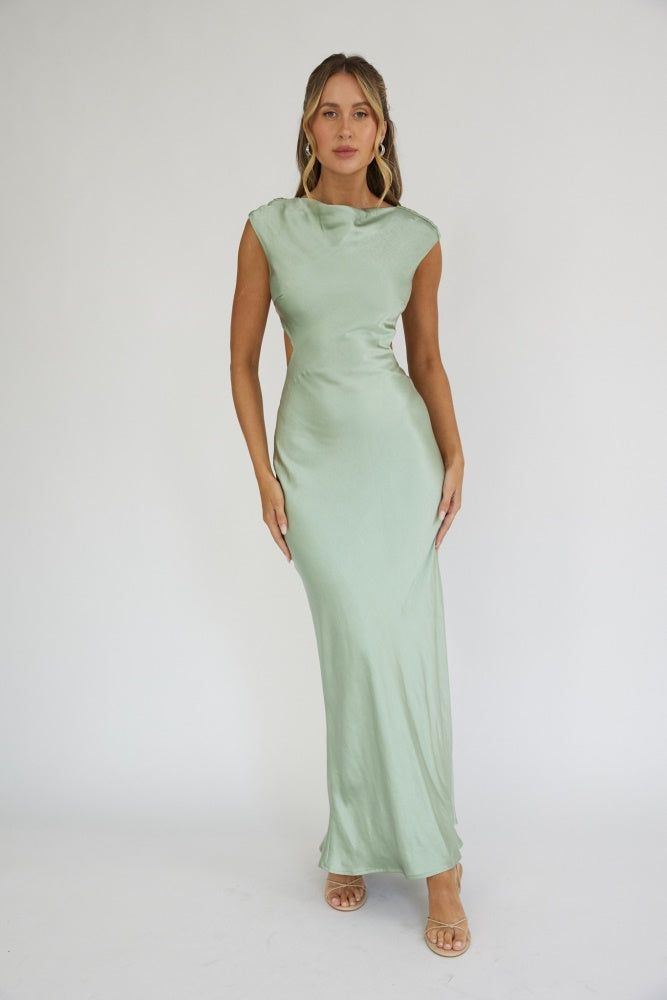 Pistachio High Neck Satin Open Back Maxi Dress sold by Pinkblush