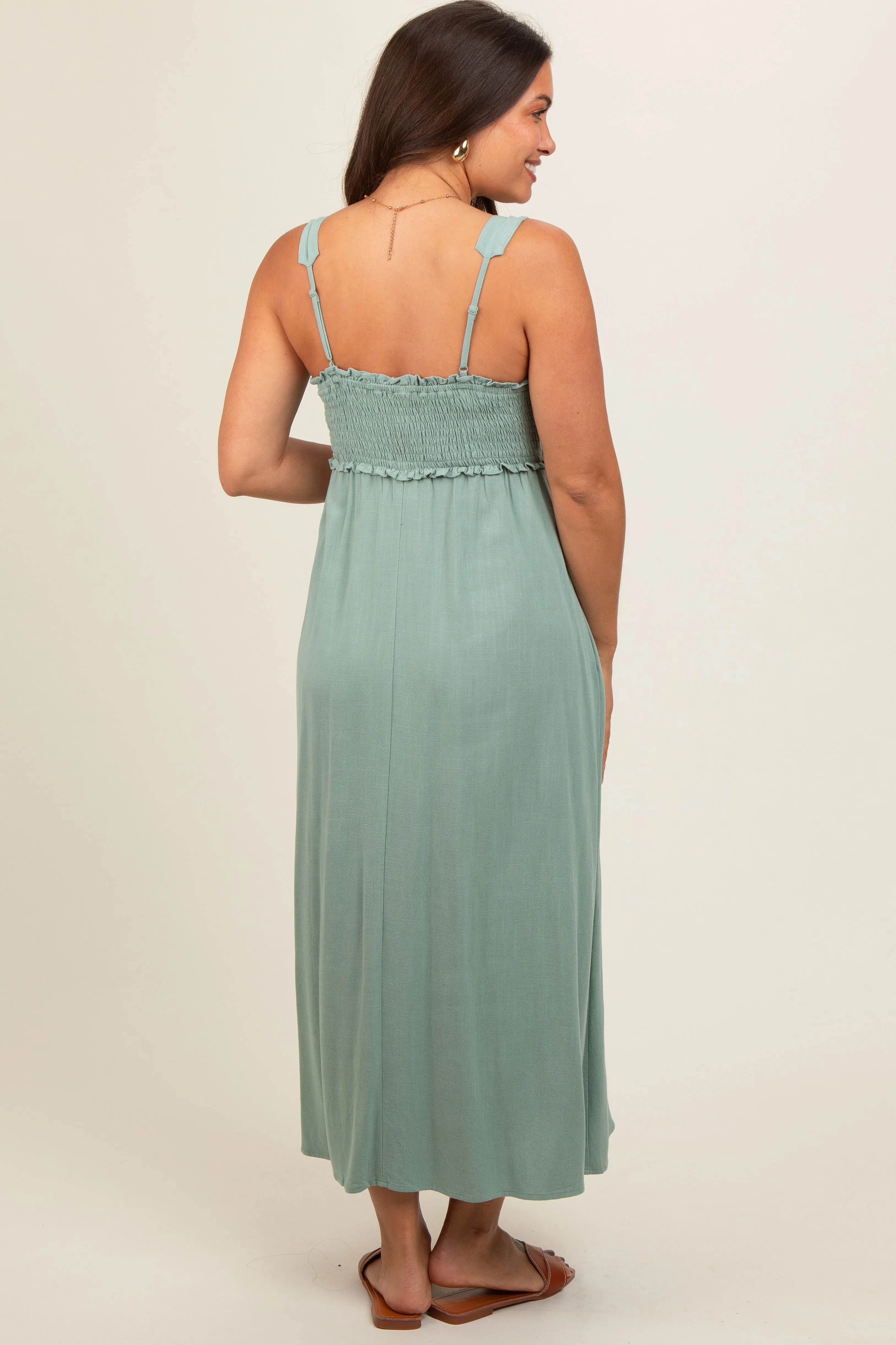 Light Olive Button Down Smocked Maternity Dress sold by Pinkblush product image thumbnail 4