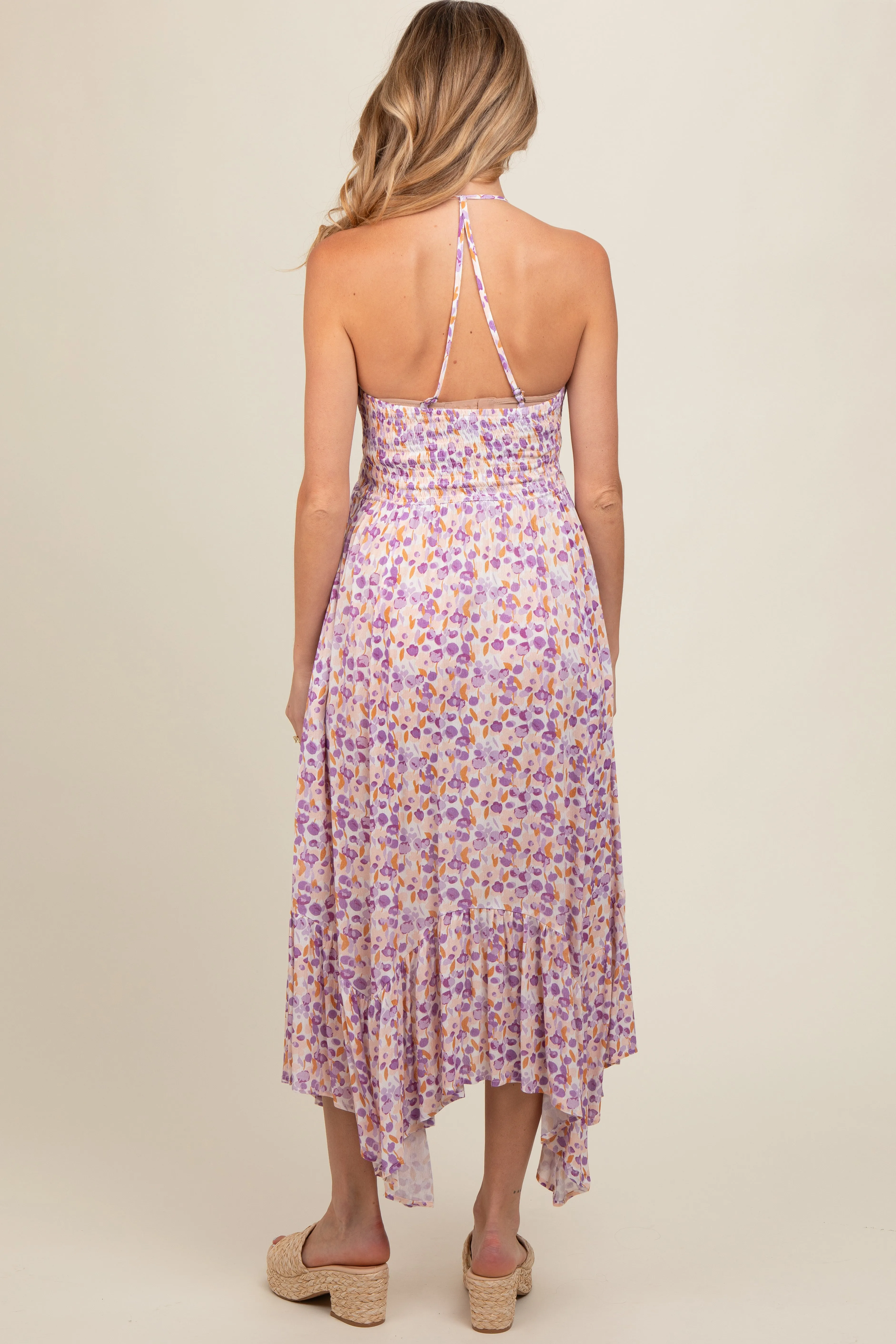 Lavender Floral Smocked Halter Flowy Maternity Maxi Dress sold by Pinkblush product image thumbnail 4
