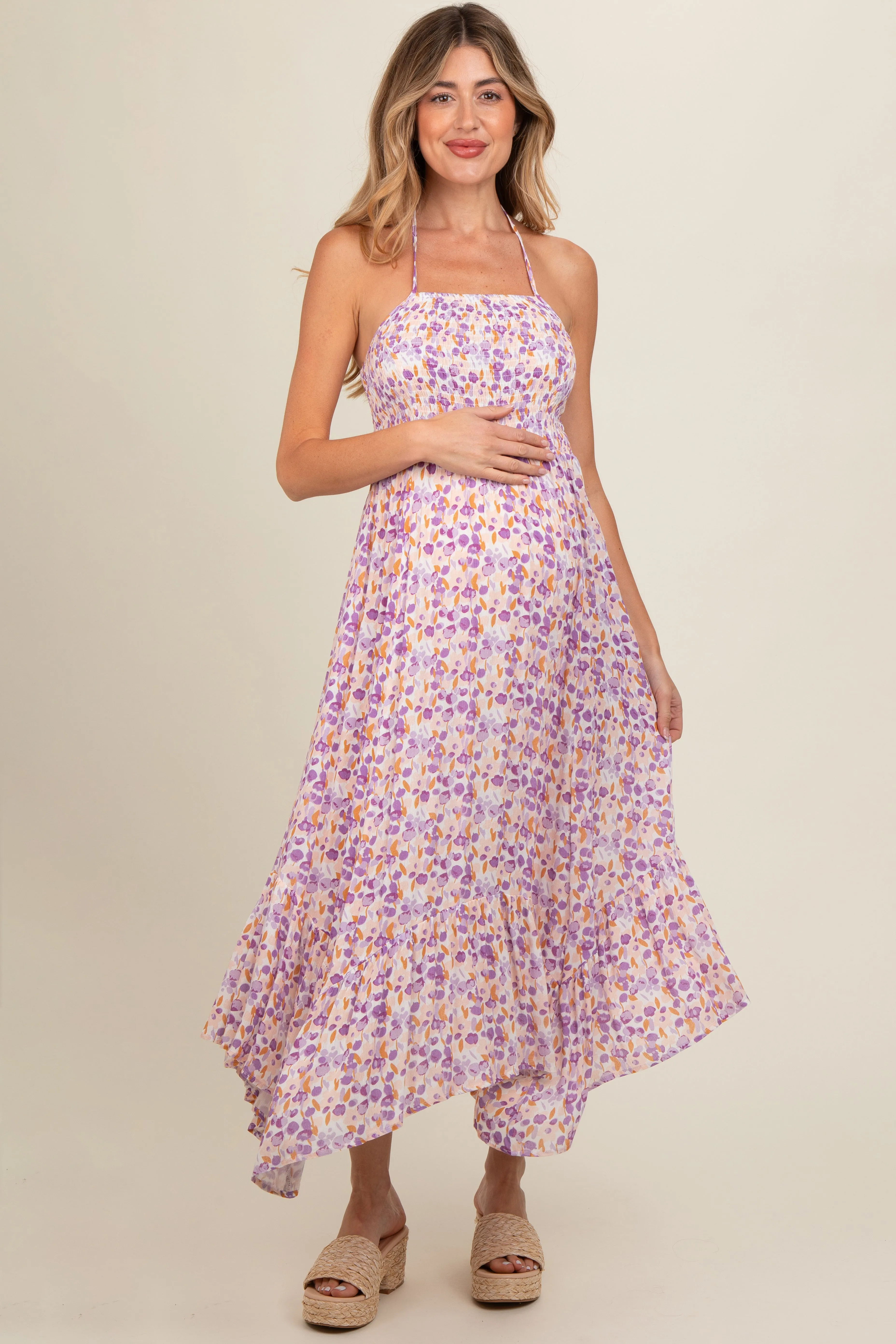 Lavender Floral Smocked Halter Flowy Maternity Maxi Dress sold by Pinkblush