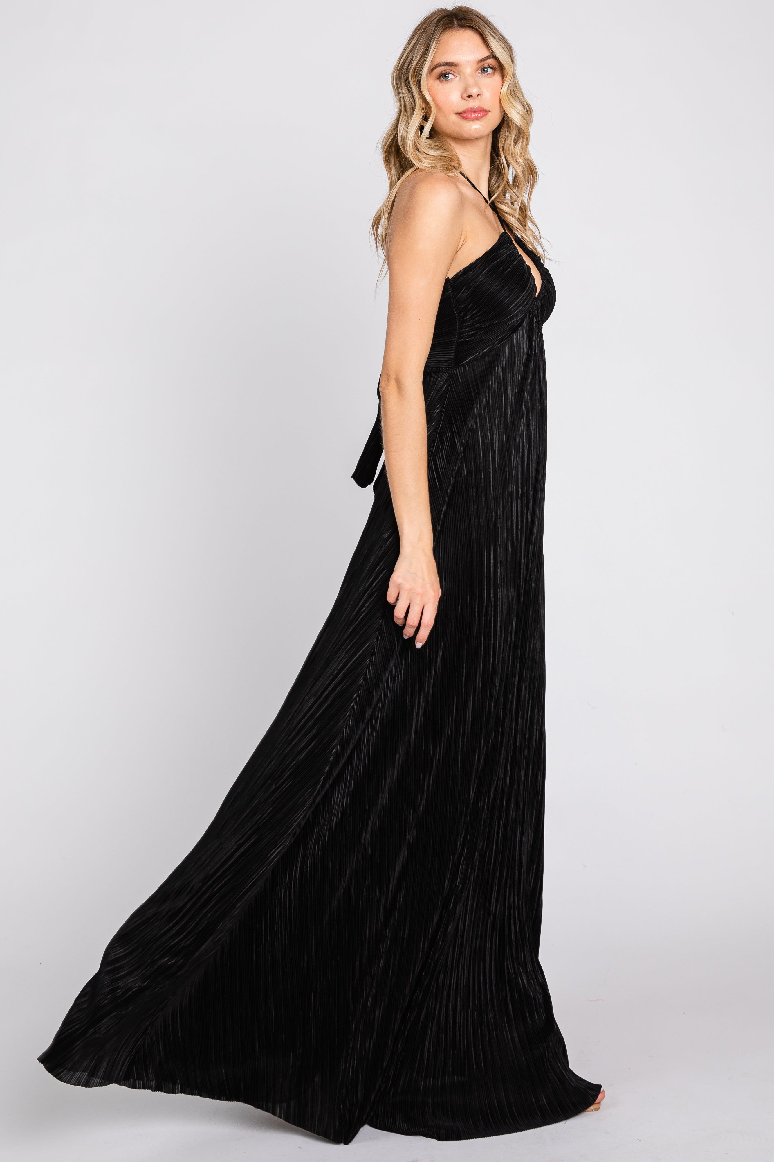 Black Plisse Halter Back Tie Maxi Dress sold by Pinkblush product image thumbnail 2