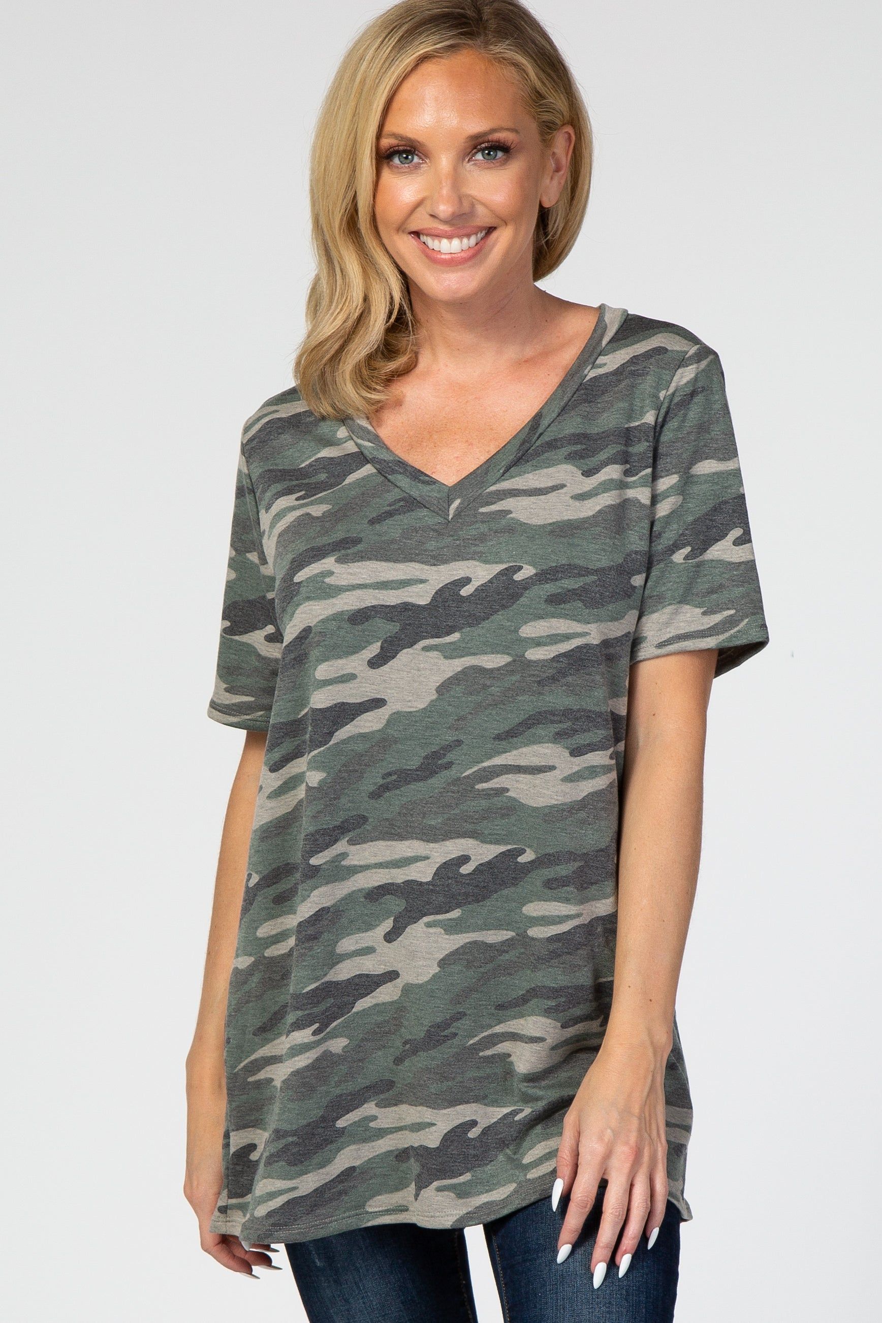 Olive Camo V-Neck Short Sleeve Maternity Top sold by Pinkblush product image thumbnail 5