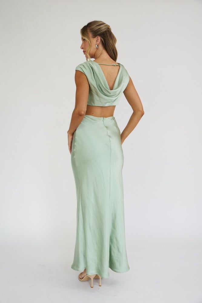 Pistachio High Neck Satin Open Back Maxi Dress sold by Pinkblush product image thumbnail 2