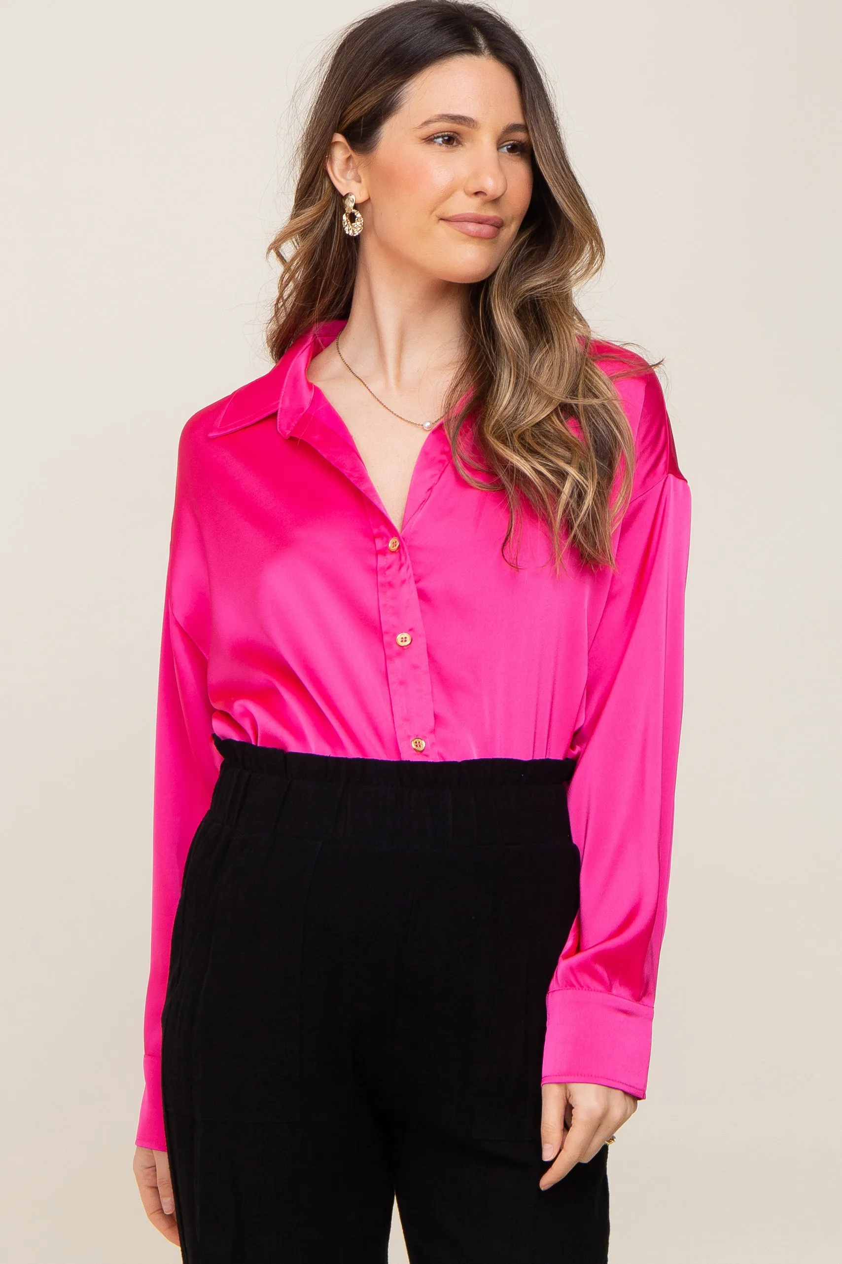 Fuchsia Satin Button Up Maternity Blouse sold by Pinkblush product image thumbnail 3