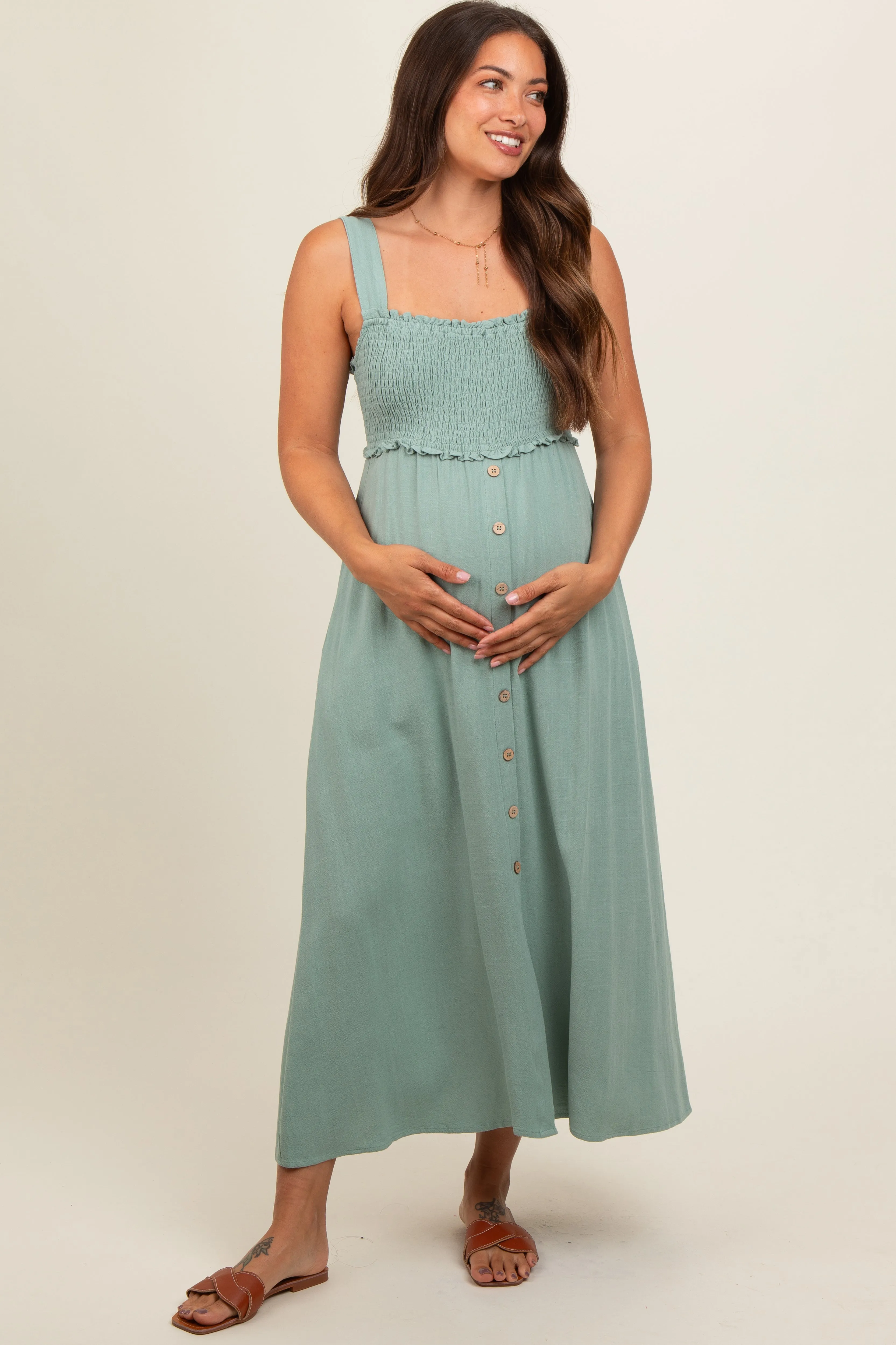 Light Olive Button Down Smocked Maternity Dress sold by Pinkblush product image thumbnail 2