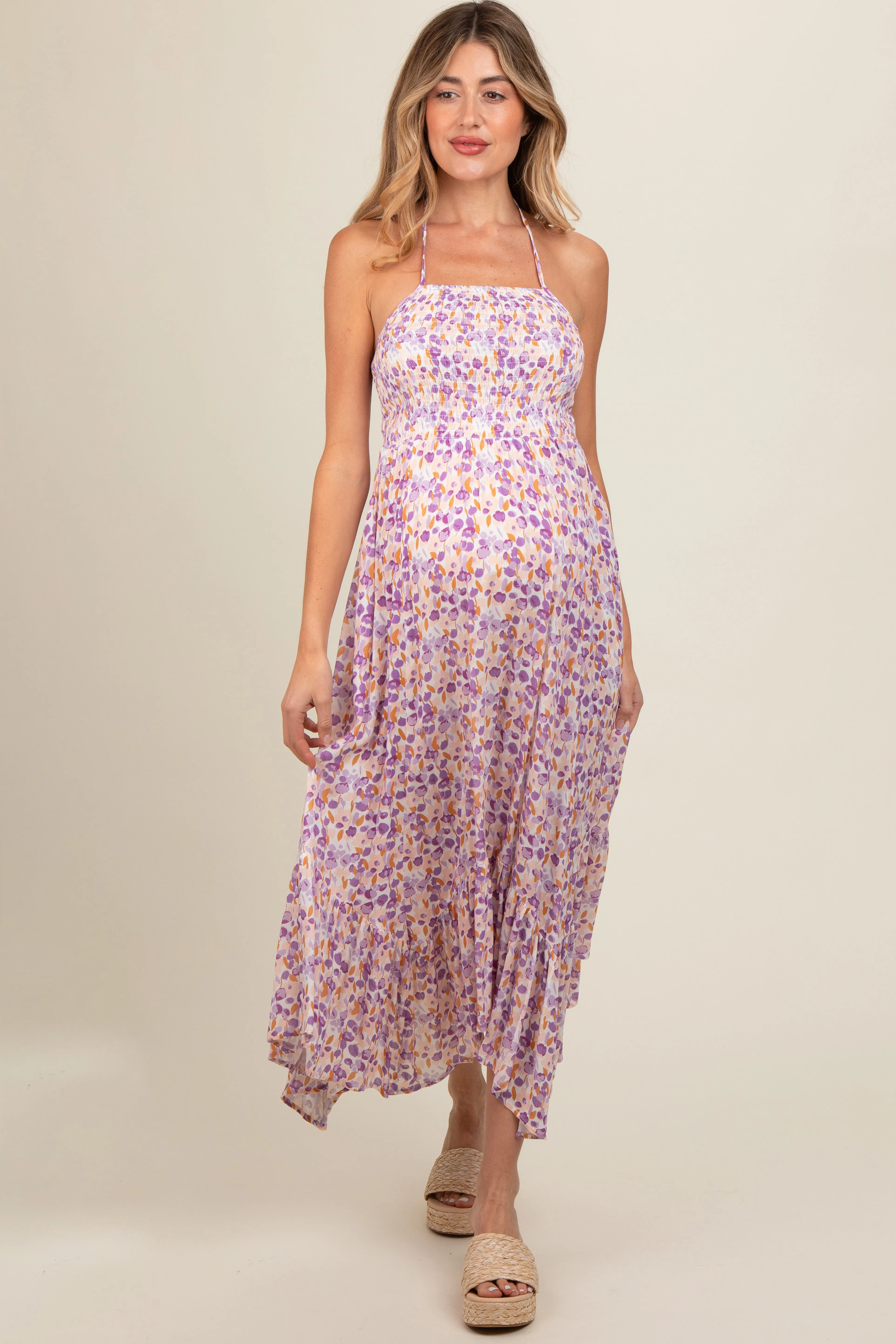 Lavender Floral Smocked Halter Flowy Maternity Maxi Dress sold by Pinkblush product image thumbnail 2