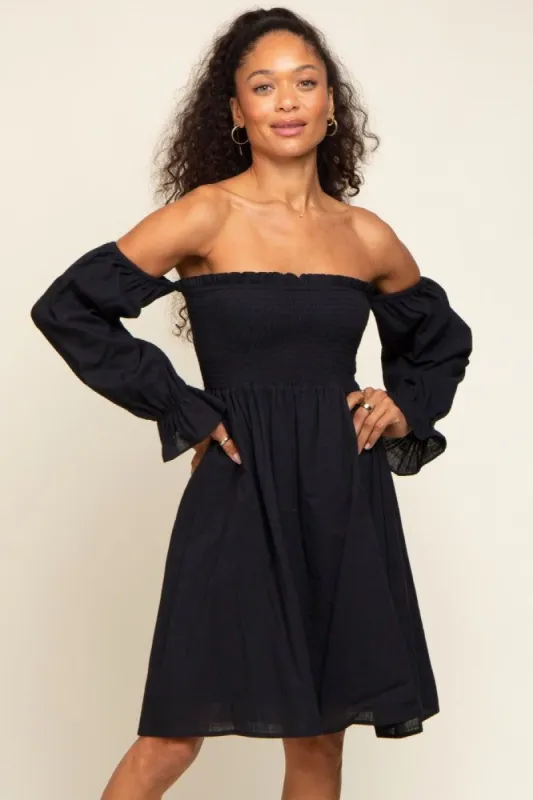 Black Smocked Off Shoulder Long Sleeve Dress sold by Pinkblush