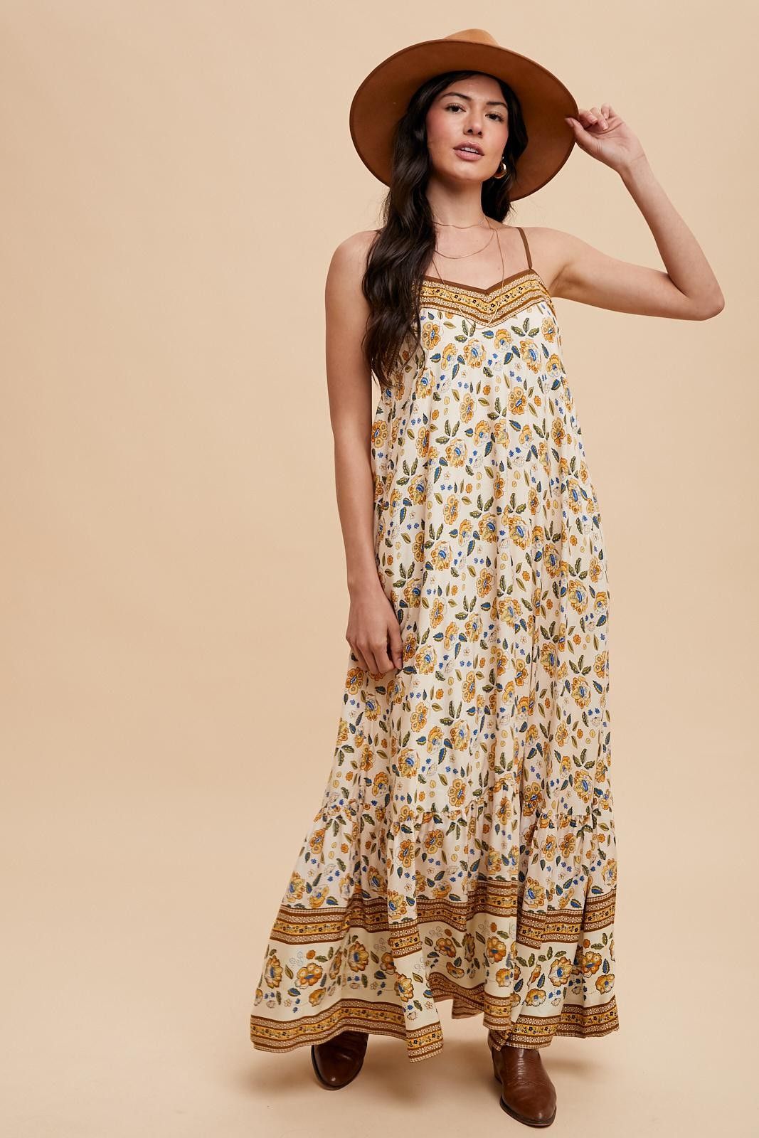 Cream Floral Border Print Lace Up Back Maxi Dress sold by Pinkblush