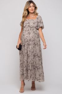 Grey Floral Square Neck Short Puff Sleeve Maternity Maxi Dress sold by Pinkblush