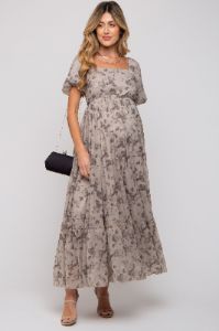 Grey Floral Square Neck Short Puff Sleeve Maternity Maxi Dress sold by Pinkblush