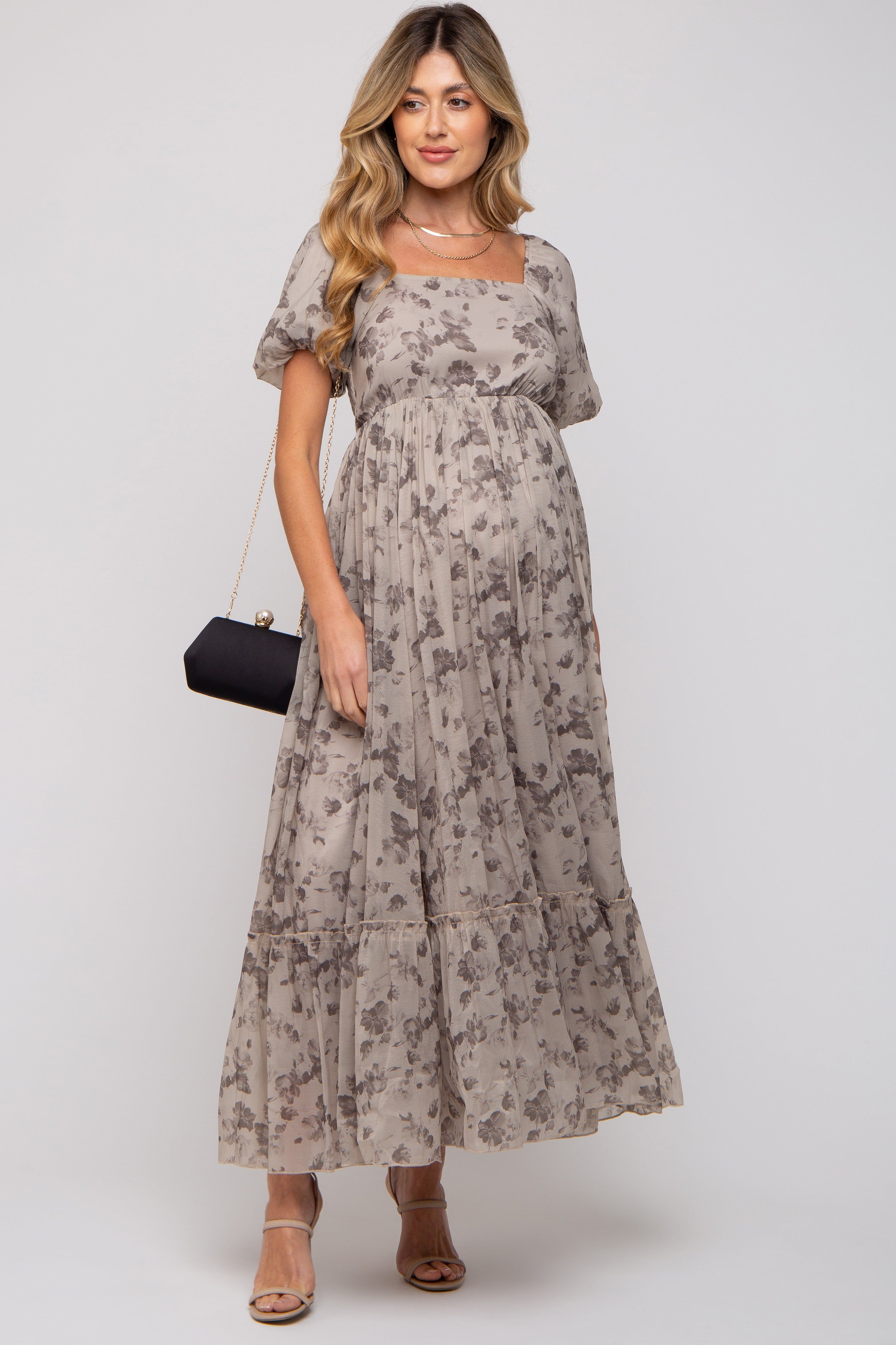 Grey Floral Square Neck Short Puff Sleeve Maternity Maxi Dress sold by Pinkblush product image thumbnail 2
