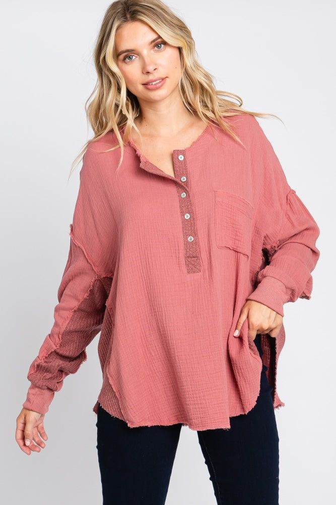 Mauve Front Button Drop Shoulder Long Sleeve Top sold by Pinkblush