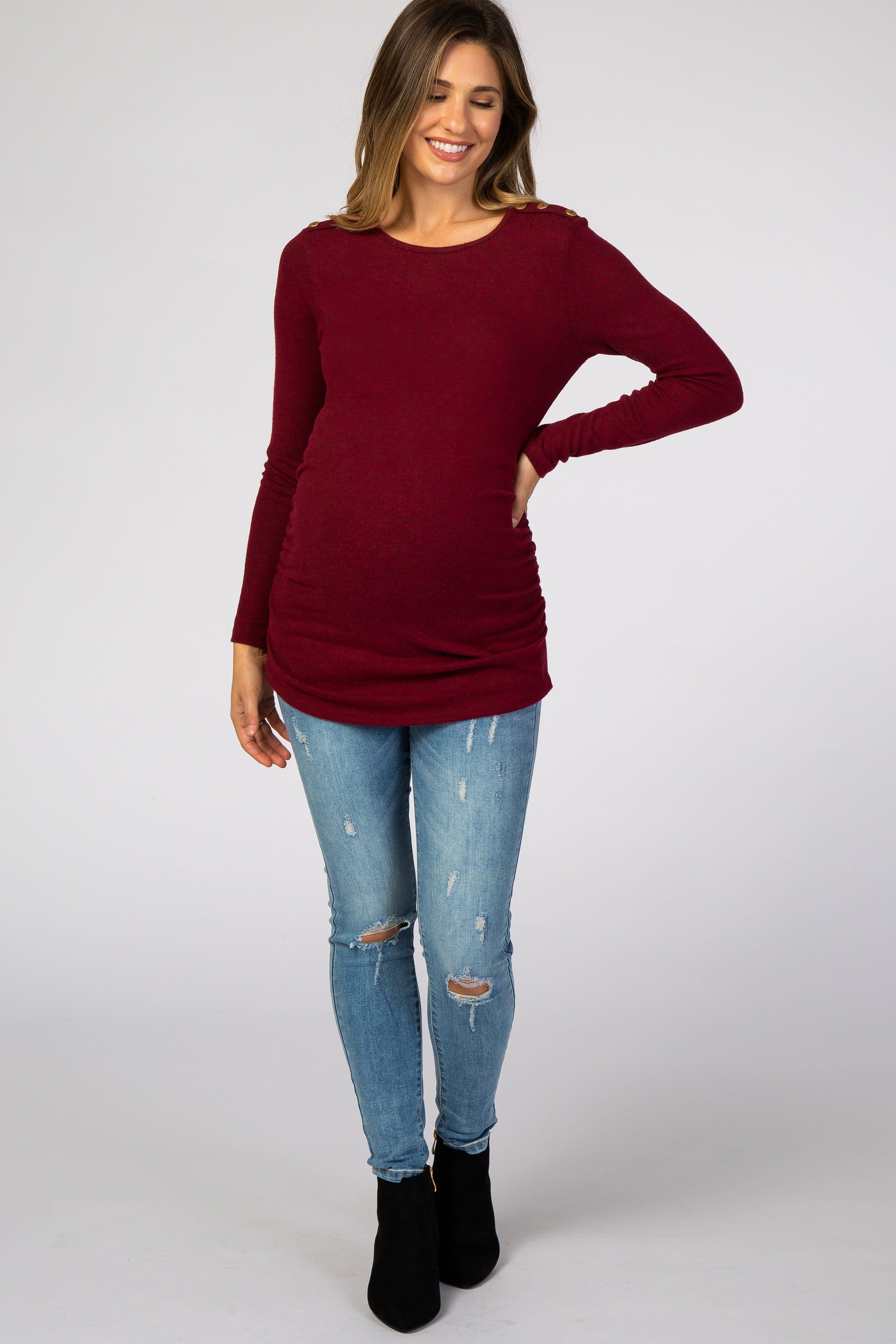 Burgundy Soft Knit Button Shoulder Ruched Side Maternity Top sold by Pinkblush product image thumbnail 4