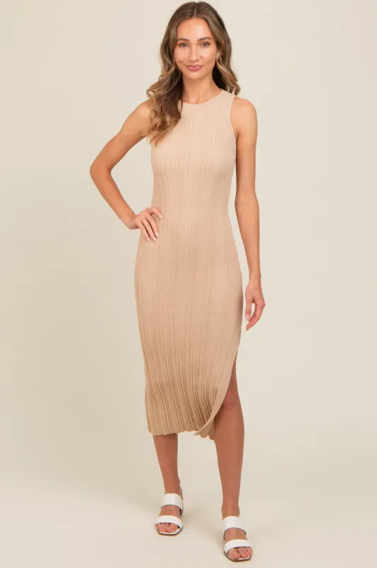 Beige Ribbed Side Slit Sleeveless Midi Dress sold by Pinkblush