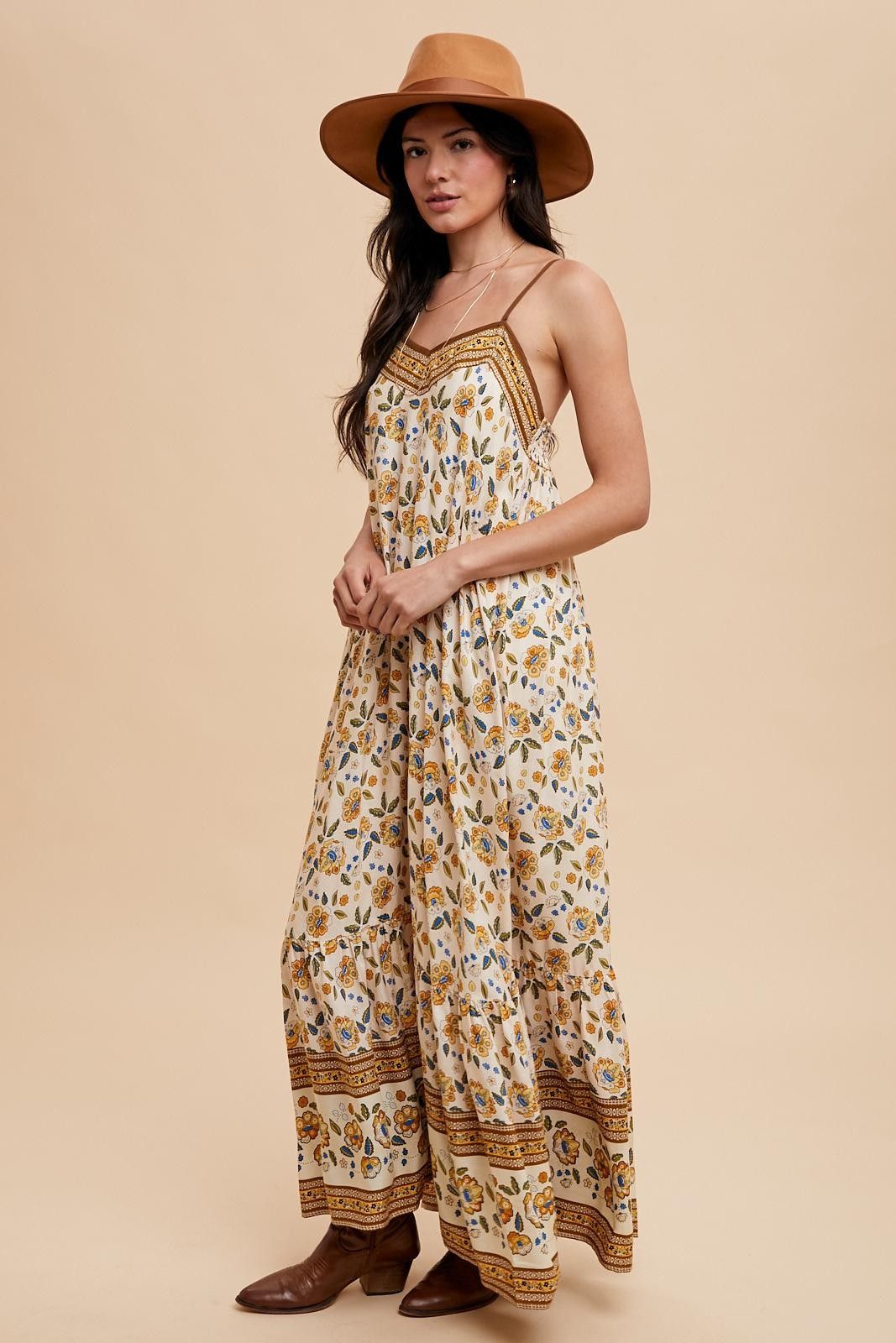Cream Floral Border Print Lace Up Back Maxi Dress sold by Pinkblush product image thumbnail 2