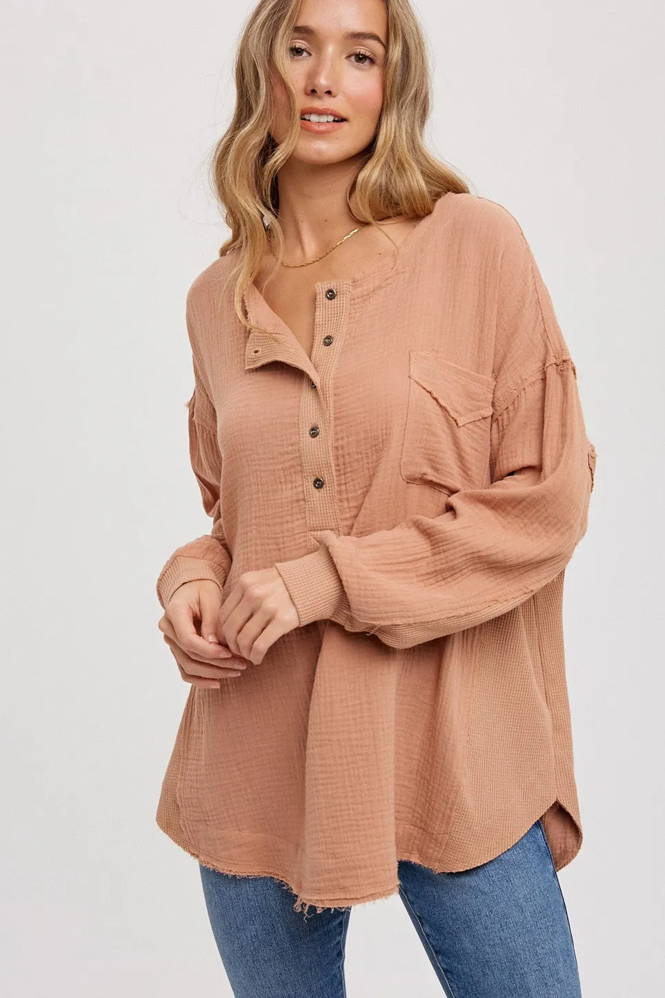 Mocha Lightweight Button Front Tunic sold by Pinkblush