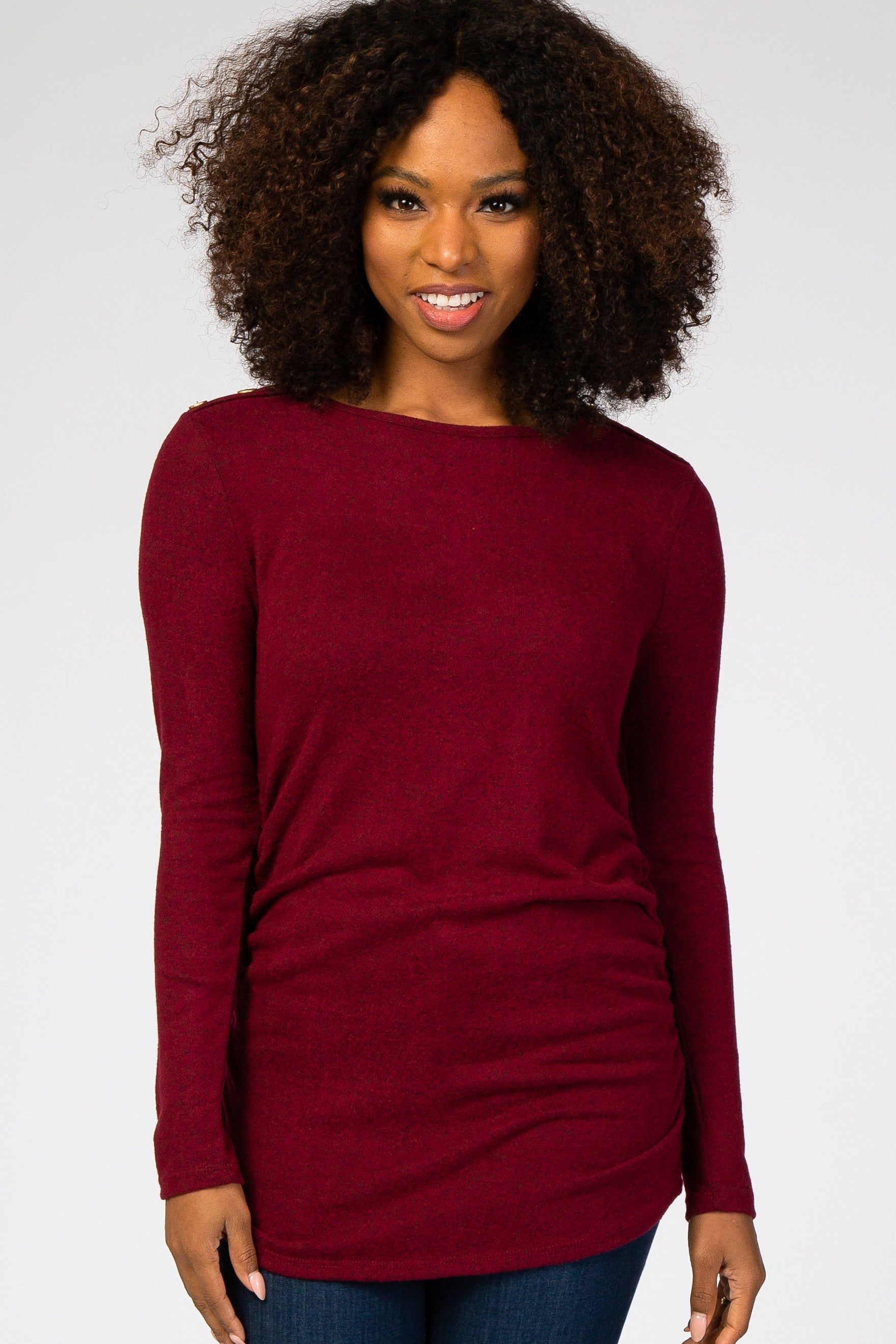 Burgundy Soft Knit Button Shoulder Ruched Side Maternity Top sold by Pinkblush product image thumbnail 5
