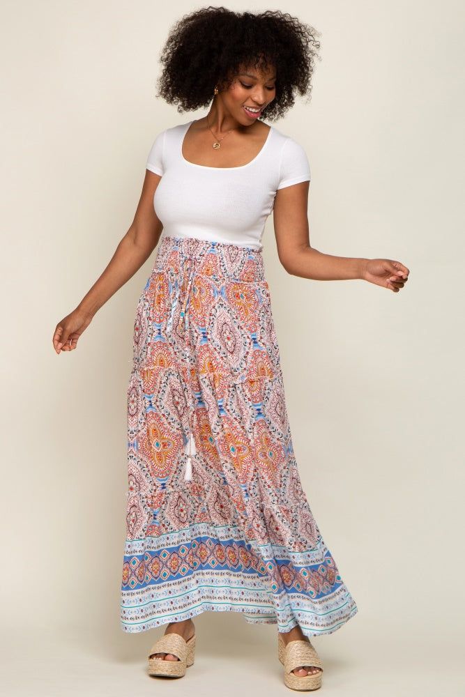 Blue Printed Smocked Waist Maxi Skirt sold by Pinkblush