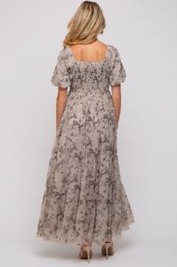 Grey Floral Square Neck Short Puff Sleeve Maternity Maxi Dress sold by Pinkblush