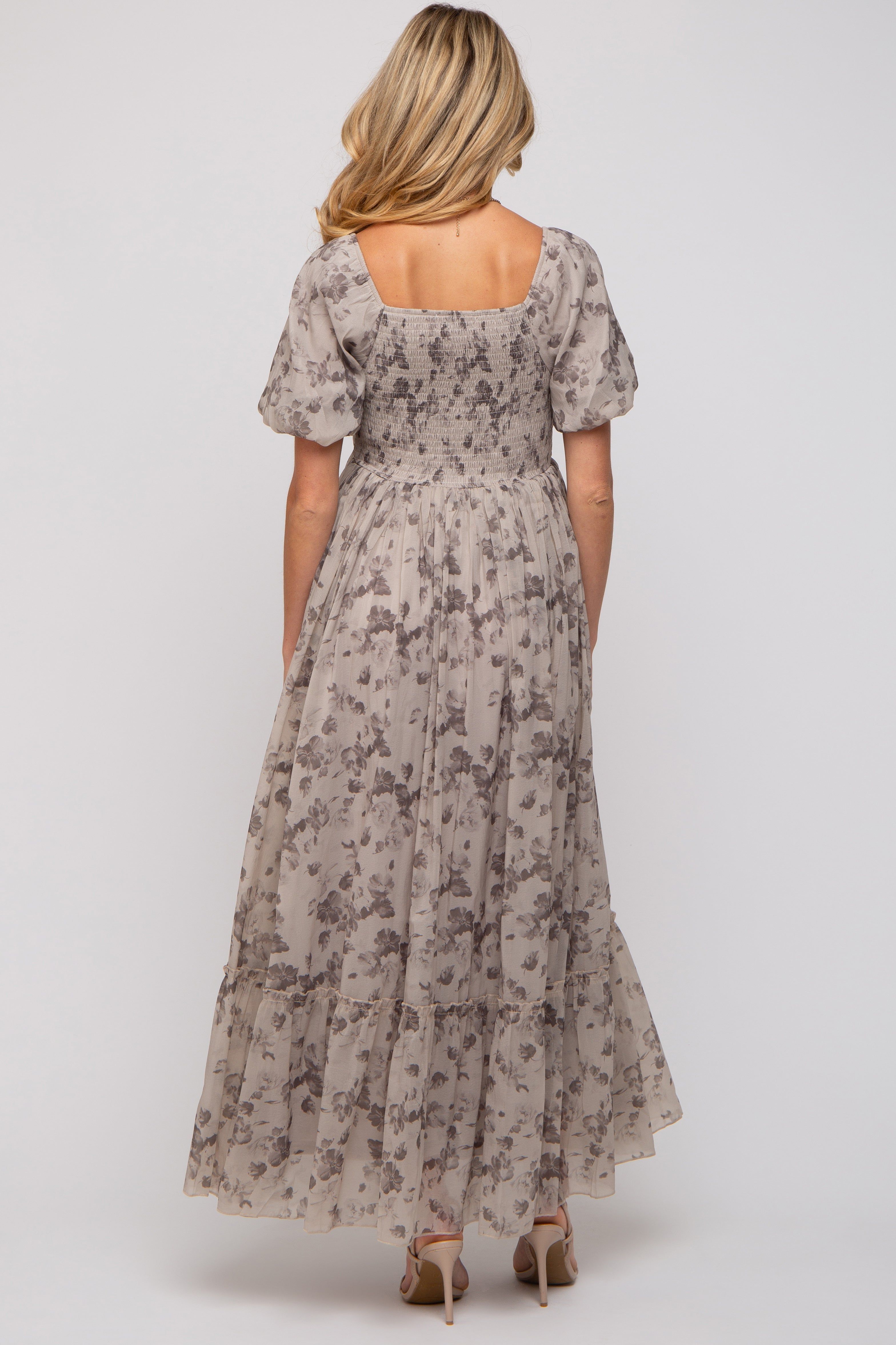Grey Floral Square Neck Short Puff Sleeve Maternity Maxi Dress sold by Pinkblush product image thumbnail 4