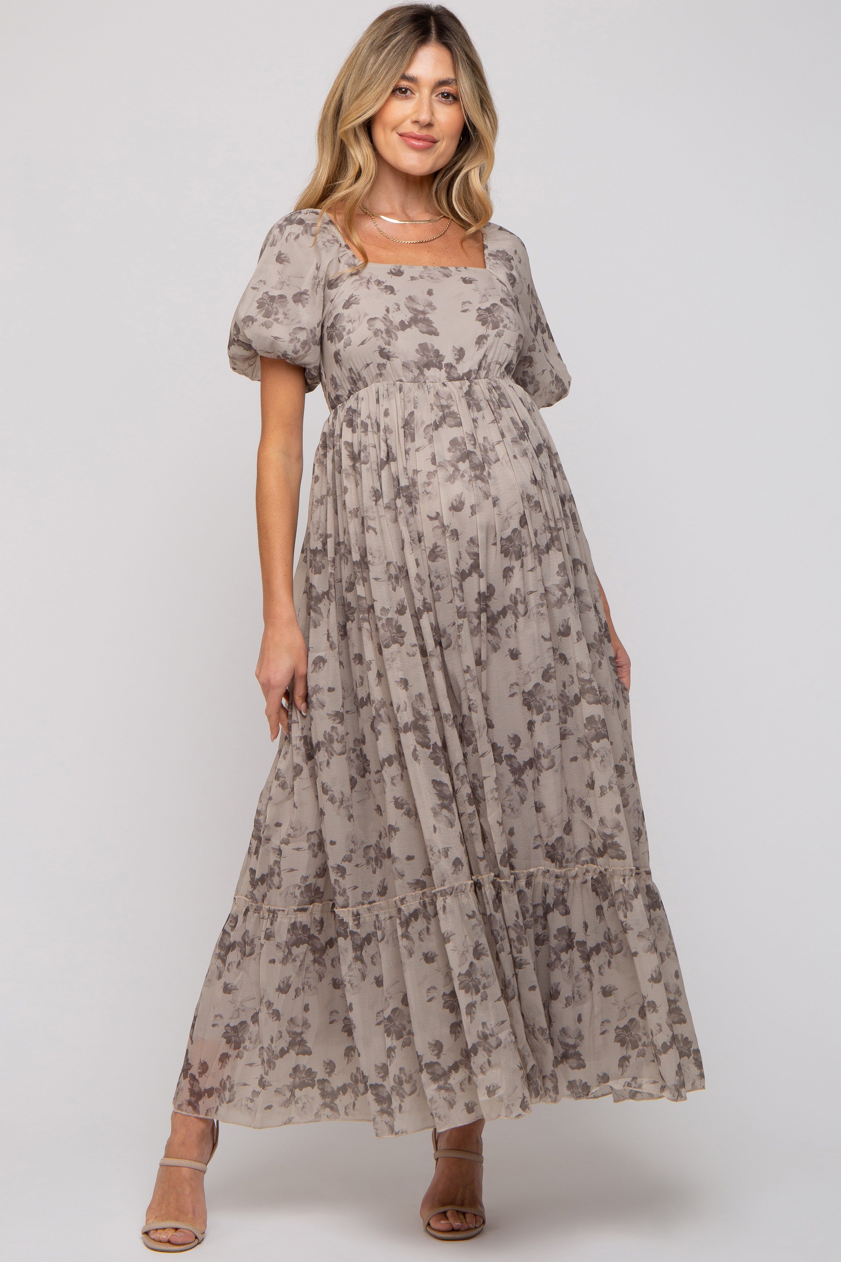 Grey Floral Square Neck Short Puff Sleeve Maternity Maxi Dress sold by Pinkblush