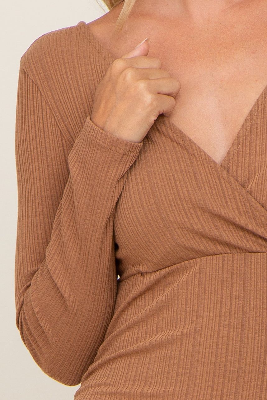 Mocha Ribbed Knit Ruched Wrap Fitted Dress sold by Pinkblush product image thumbnail 4