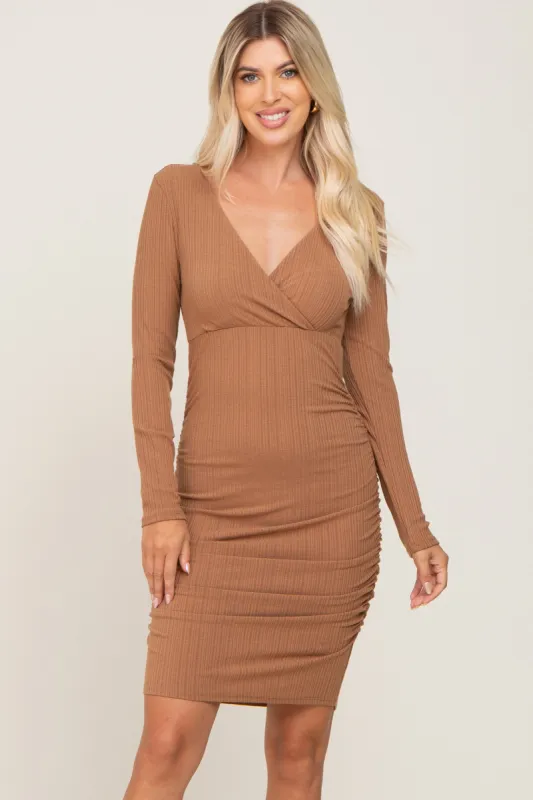 Mocha Ribbed Knit Ruched Wrap Fitted Dress sold by Pinkblush