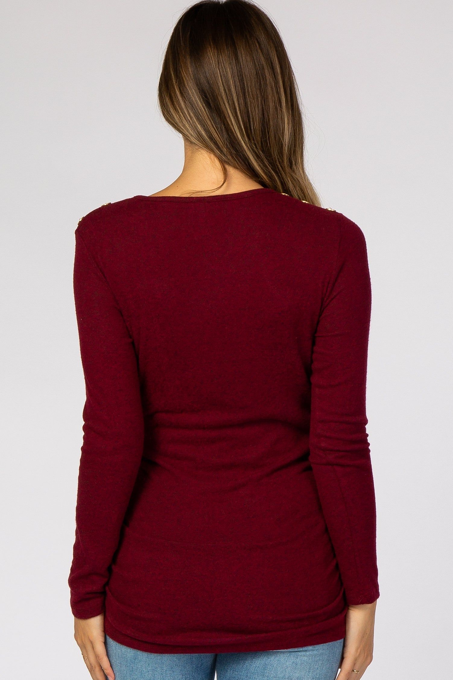 Burgundy Soft Knit Button Shoulder Ruched Side Maternity Top sold by Pinkblush product image thumbnail 3