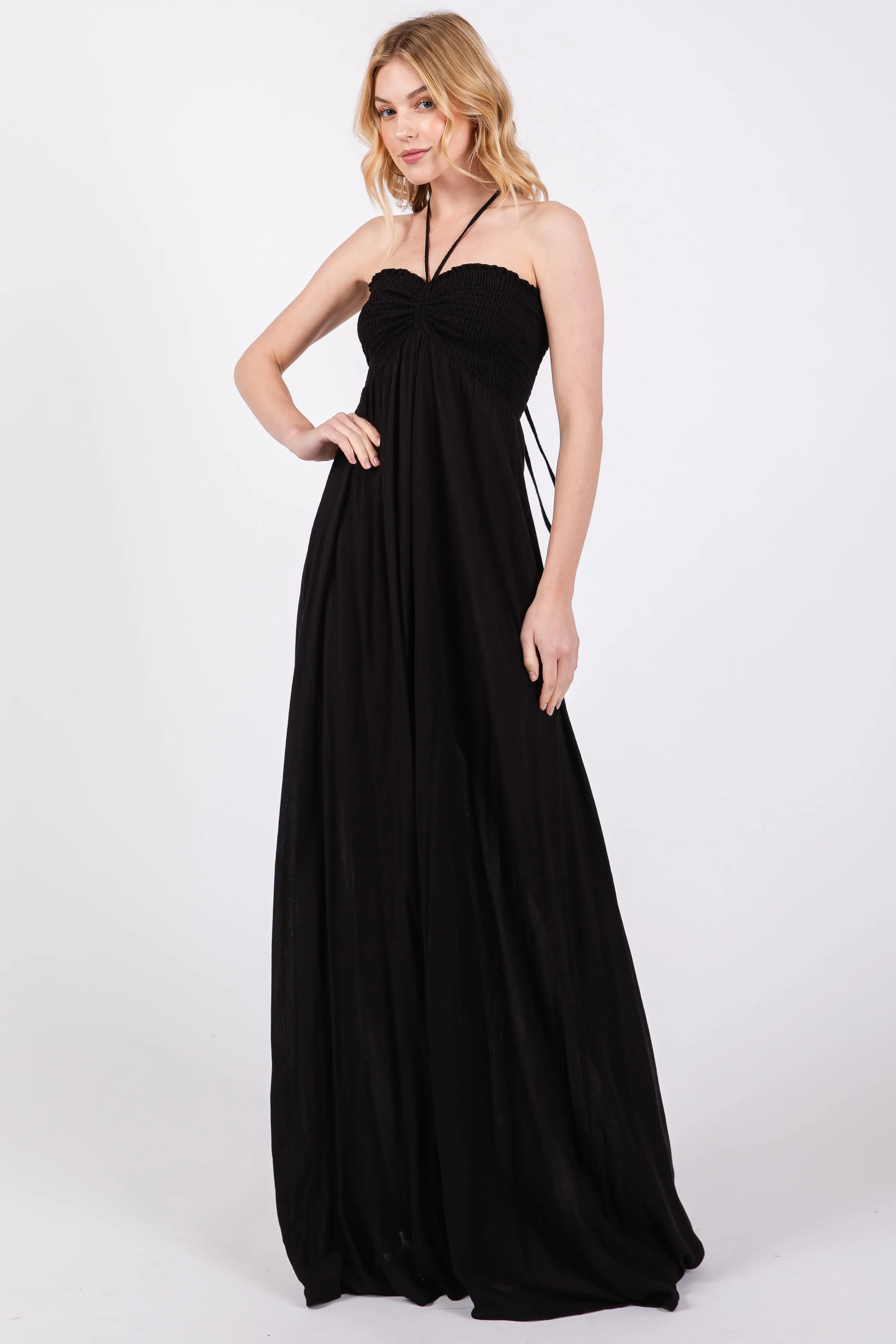 Black Smocked Halter Maxi Dress sold by Pinkblush