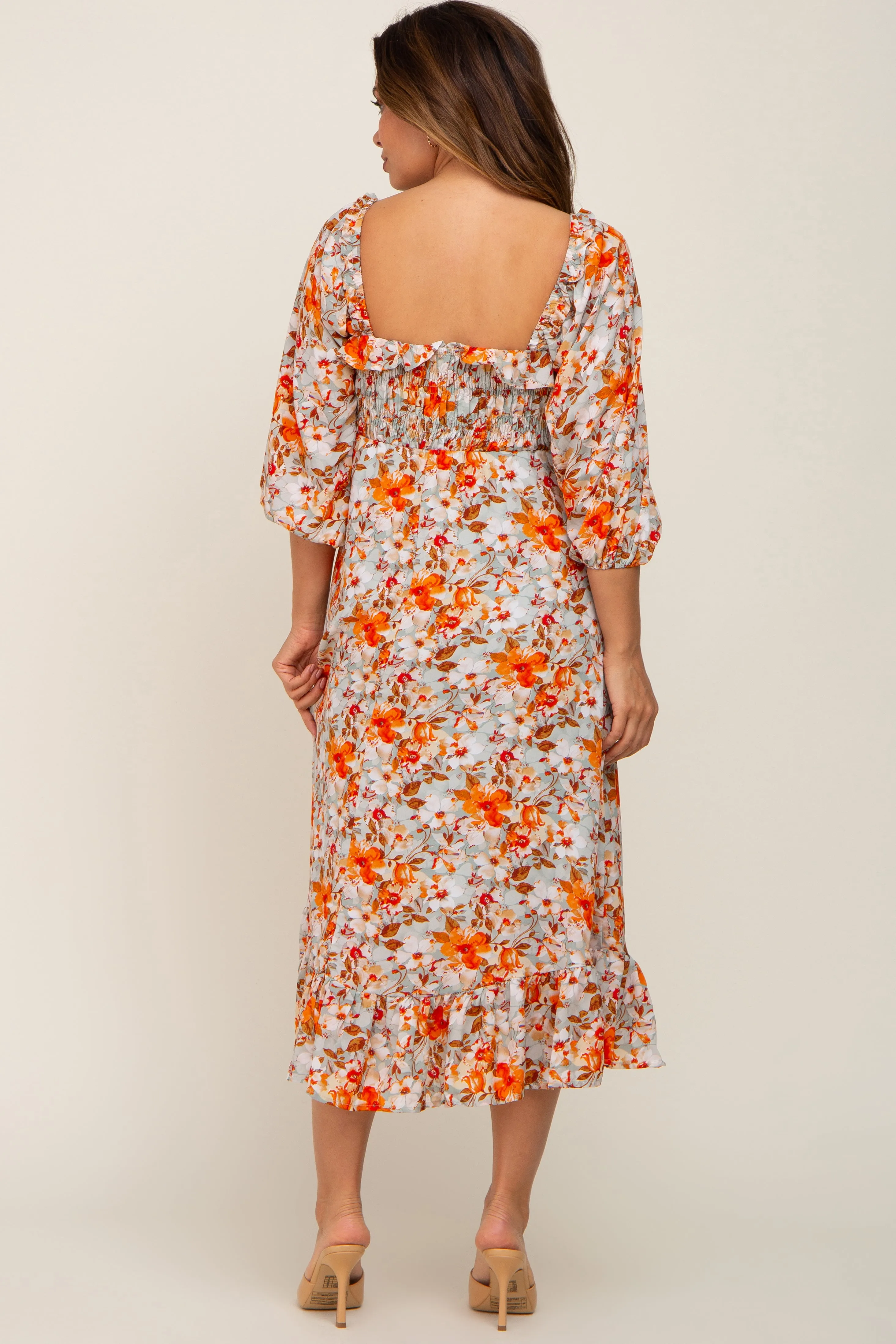 Light Blue Floral Ruffle Square Neck Smocked Front Tie Maternity Midi Dress sold by Pinkblush product image thumbnail 4