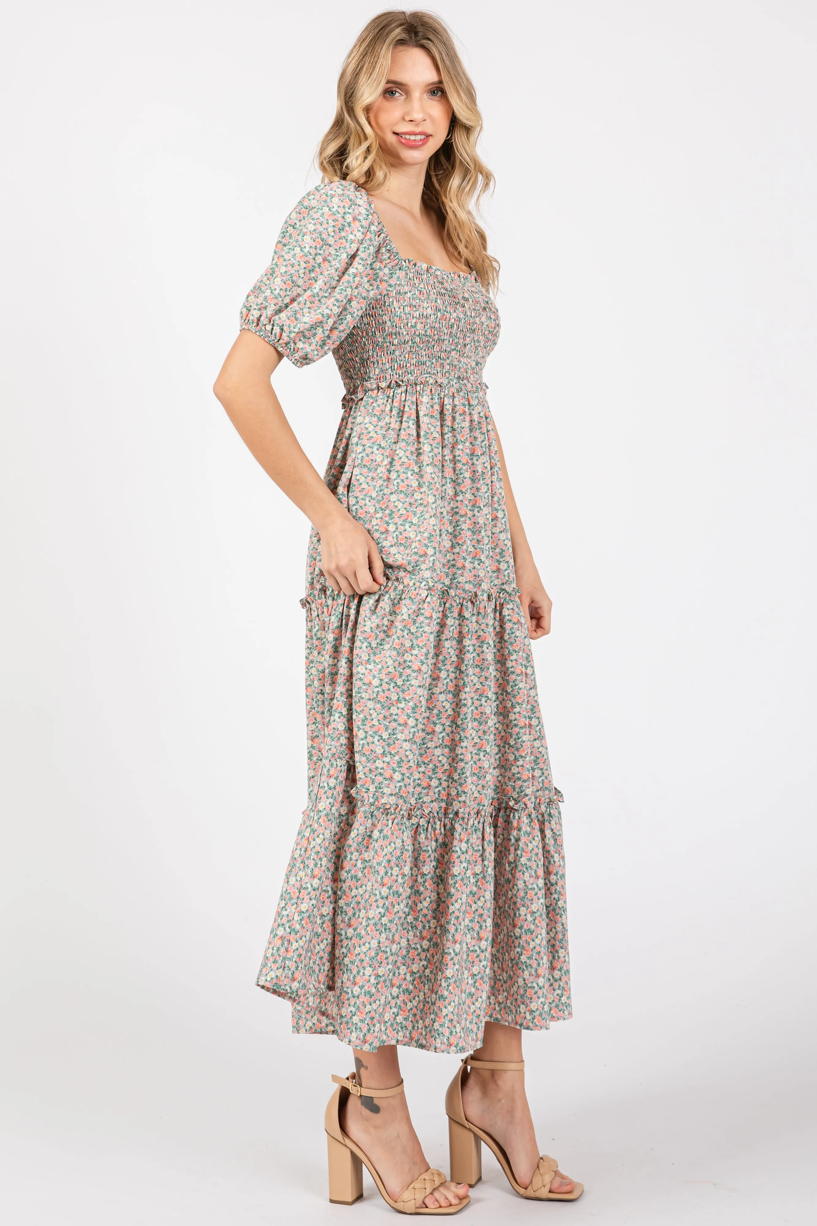 Mint Floral Smocked Tiered Puff Sleeve Maxi Dress sold by Pinkblush product image thumbnail 2