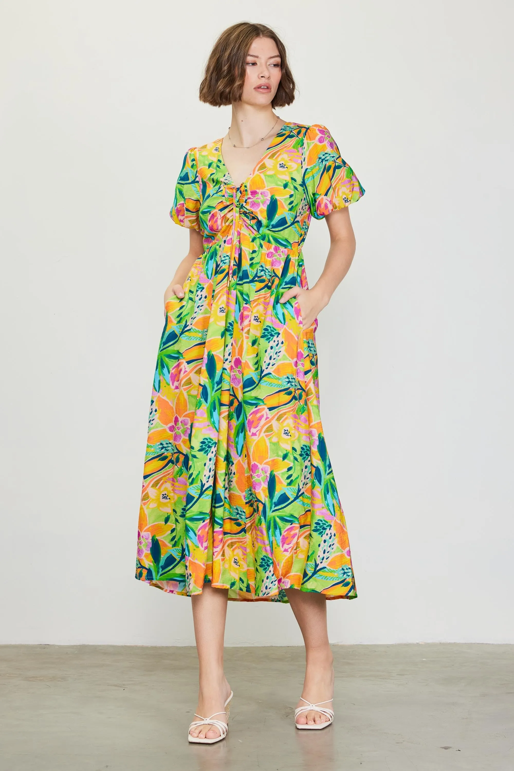 Lime Floral Puff Sleeve Midi Dress sold by Pinkblush