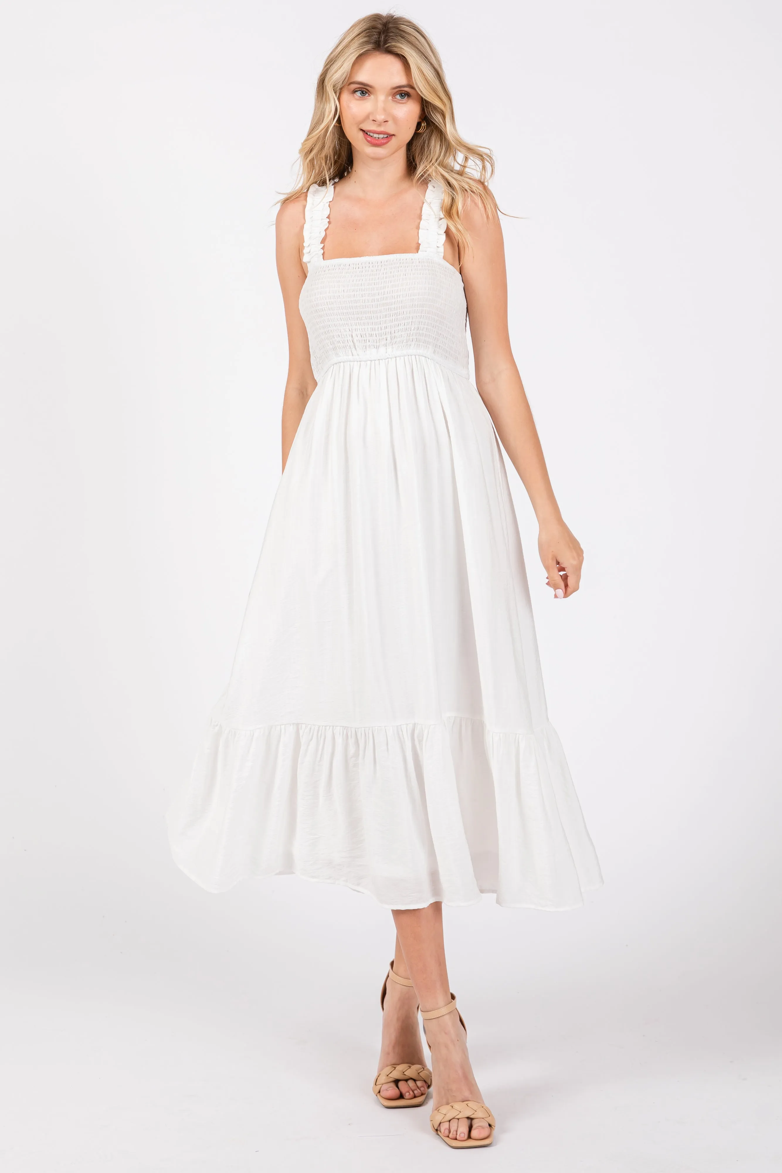 White Smocked Bodice Maxi Dress sold by Pinkblush