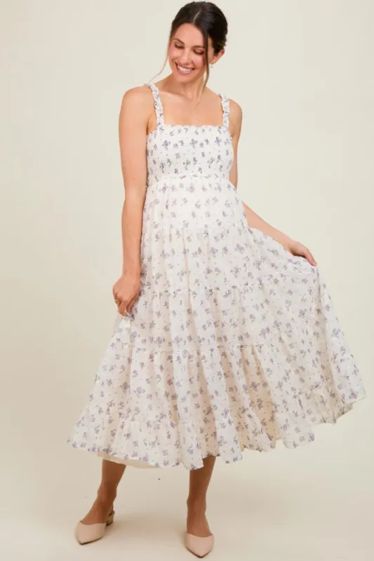 Ivory Smocked Embroidered Floral Maternity Maxi Dress sold by Pinkblush